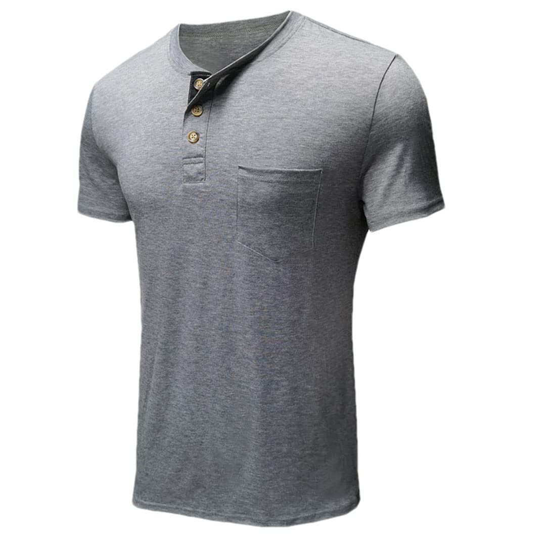 Vogrtcc Maglietta a maniche corte da uomo con scollo a O Henley Pullover con bottoni e tasche, Grigio Chiaro9, XL