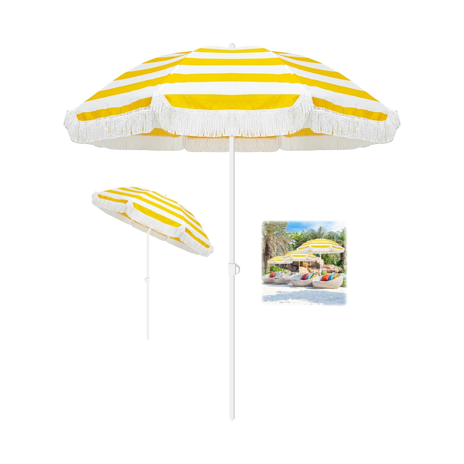 ELZEM Parasol Jardin 180cm Con Flecos Sombrilla Playa Antiviento Sombrilla Jardin Inclinable Parasol Terraza 8 Varillas Protección UV50+ Desmontable Para Terraza Jardin Playa Piscina/Altura Ajustable