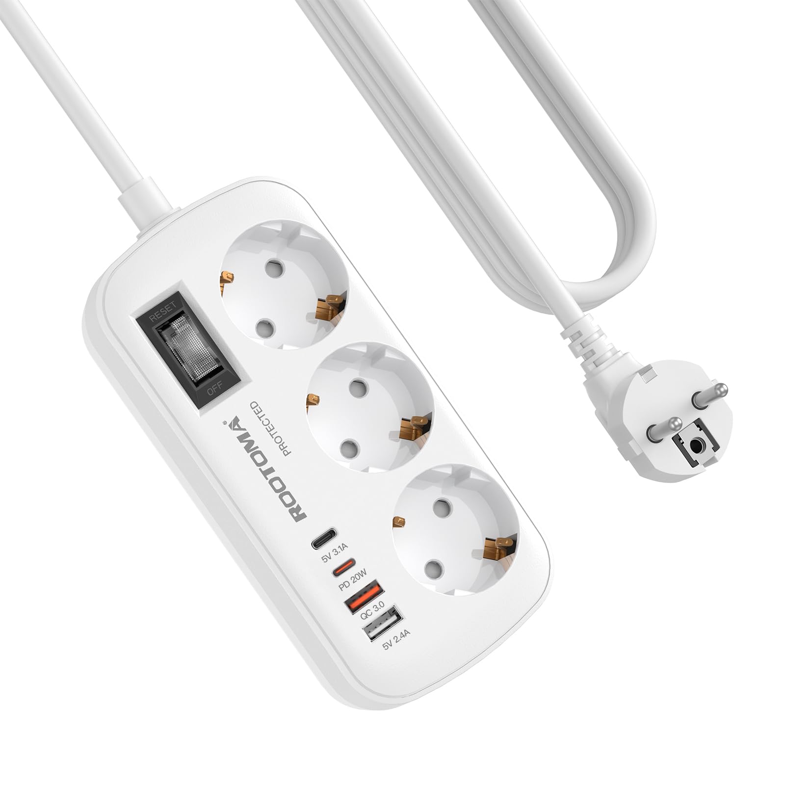Regletas Enchufes con USB, Protección Sobretensión, 3 Tomas con Interruptor, Enchufe Múltiple de Carga 2 USB C y 2 USB A (5V/3,1A), Cable 1,5m, Ideal para Viajes y Hogar, 16A/4000W — view 11