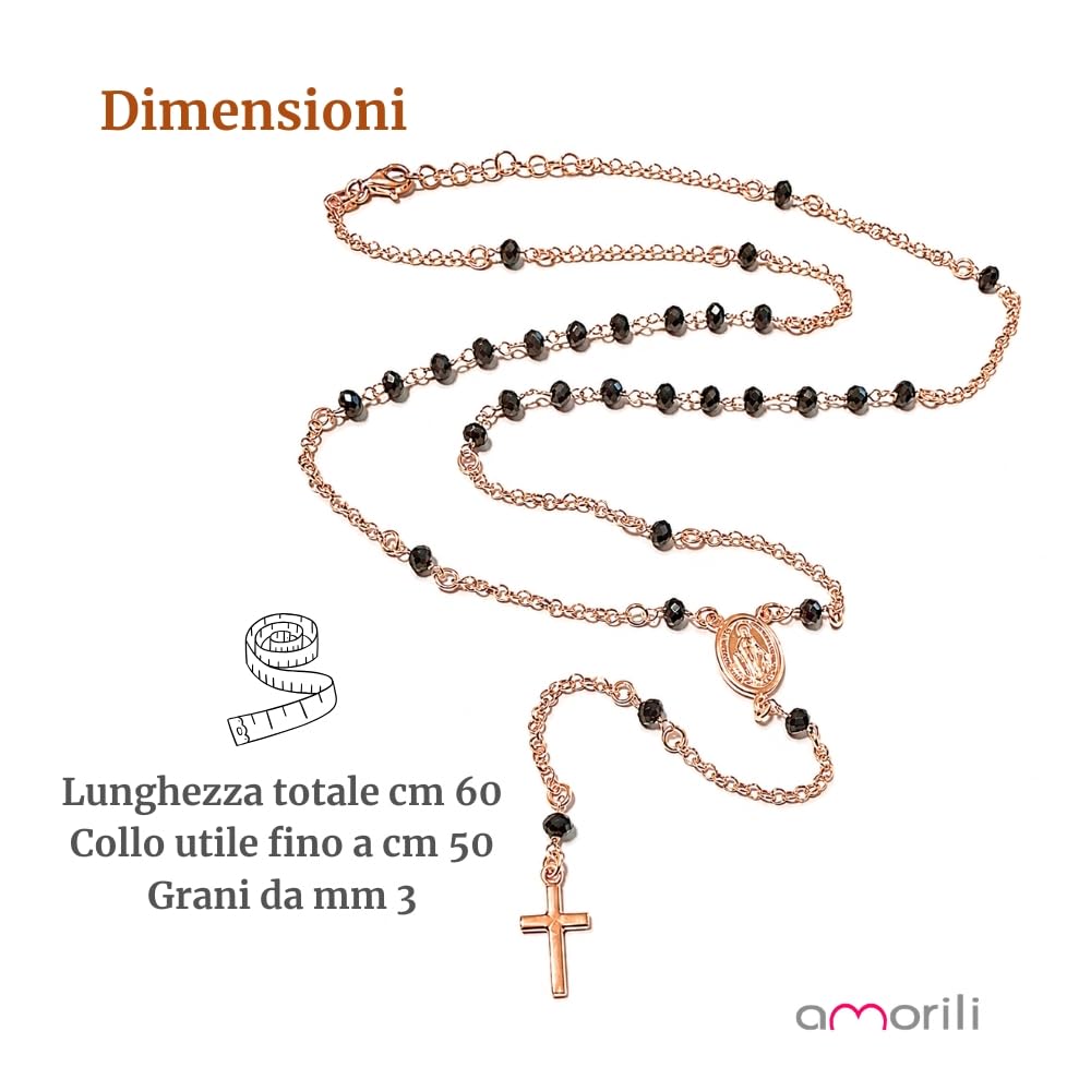 Collana Rosario Uomo Donna in Argento 925 Ramato con Postine e Grani Neri Sfaccettati – Collana Religiosa Cattolica Cristiana di Fede – Gioiello Elegante cll1018