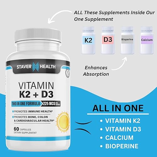 Miniatura 4 de Vitamina K2 D3 con calcio y bioperina, vitamina K2 (MK7) con suplemento D3 sin OMG, vitamina D3, vitamina K2 MK-7 fácil de tragar vitamina D y