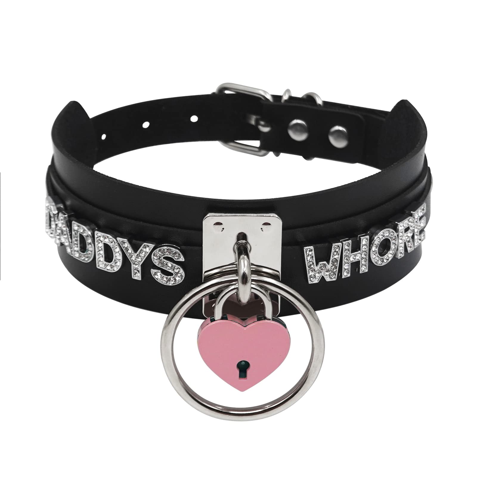 paloli Black Heart Padlock O-ring Choker Necklace for Women, Punk Gothic Letter Leather Collar Pink padlock Jewelries