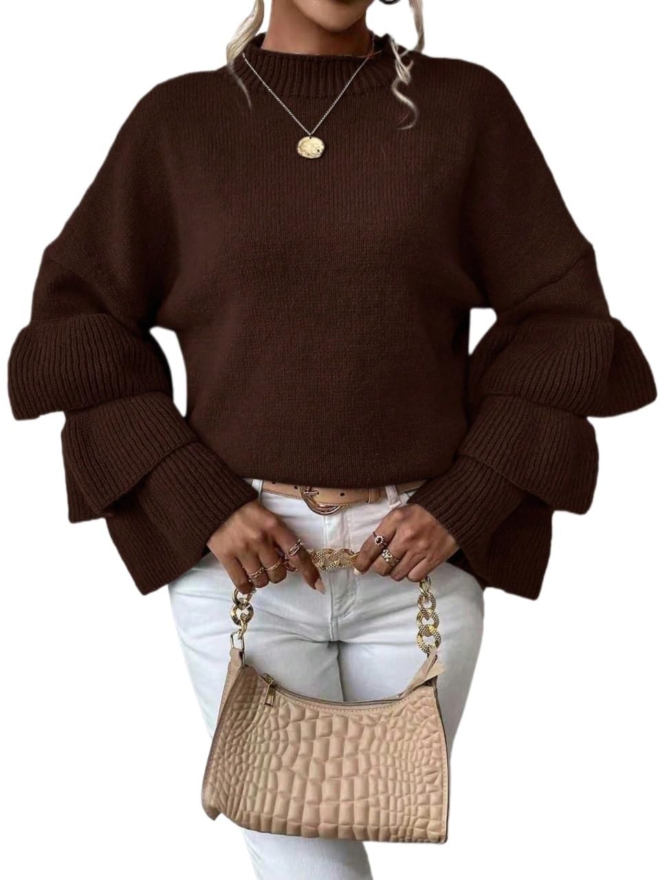 Womens Sweaters 2025 Knit Round Neck Drop Shoulder Long Sleeve Ruffle Hem Loose Sweater