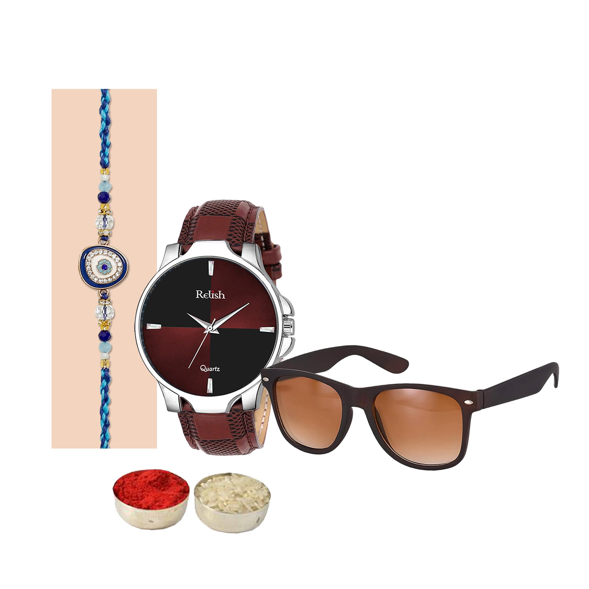 Relish Raksha Bandhan Gift Combo | Watch, Sunglass, Evil Eye Rakhi with Roli Chawal Pack | Gift Pack for Bro (B0C5JBF8JQ) Amazon Price History, Amazon Price Tracker