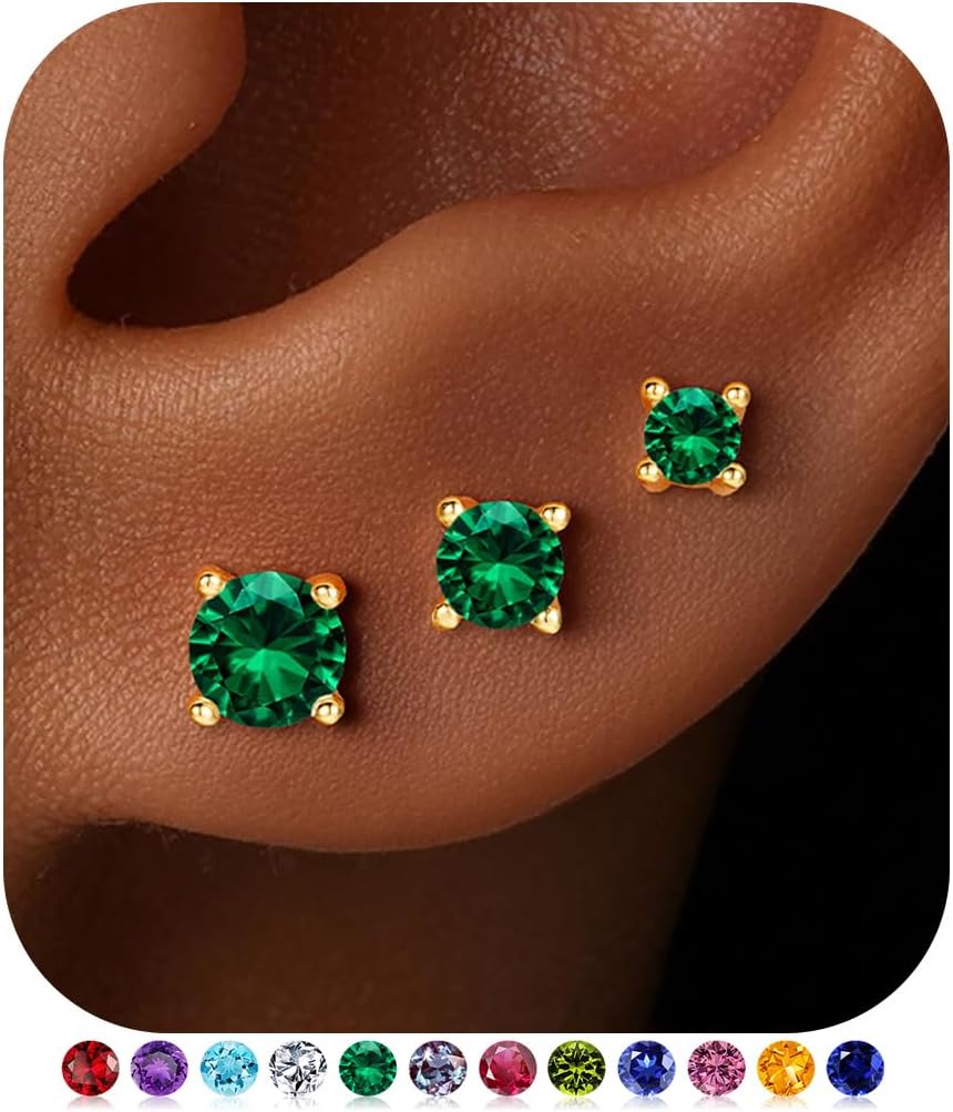 Turandoss Small Birthstone Flat Back Stud Earrings for Women, 14K Real Gold Plated Hypoallergenic Earring Dainty CZ Cartilage Stud Earring Stack, Perfect Birthday Gifts for Women Her