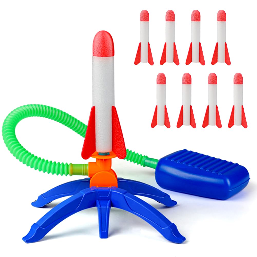 HAJXXMM Foam Rocket Launcher Set with 9 Soft Foam Rockets, Outdoor Garden Play Toys, Classic Backyard Activity Tool, Ideal Birthday for Boys and Girls, Gifts for Family Friends