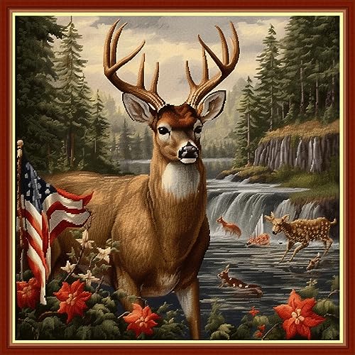 Image of Foxhool Beginners Cross Stitch Kits Stamped Full Range of Embroidery Kits for Adults DIY Cross Stitches kit Embroidery Patterns for Needlepoint kit-Deer National Flag 17.7x17.7 inch