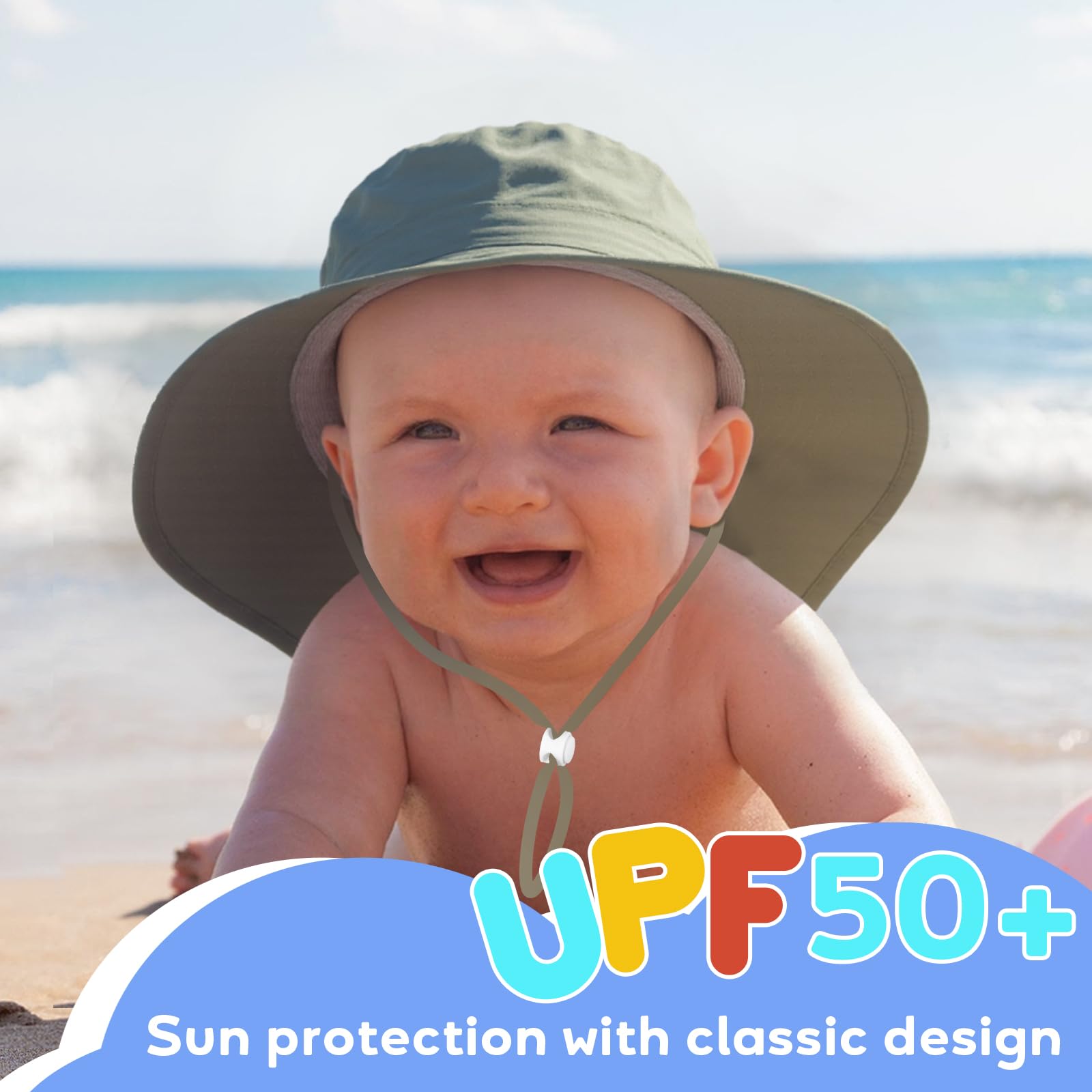 HONGTEYA Baby Toddler Sun Hat Summer Adjustable Bucket Hats with UPF 50+ Wide Brim for Kids Boys Girls 1-12 Years Army Green