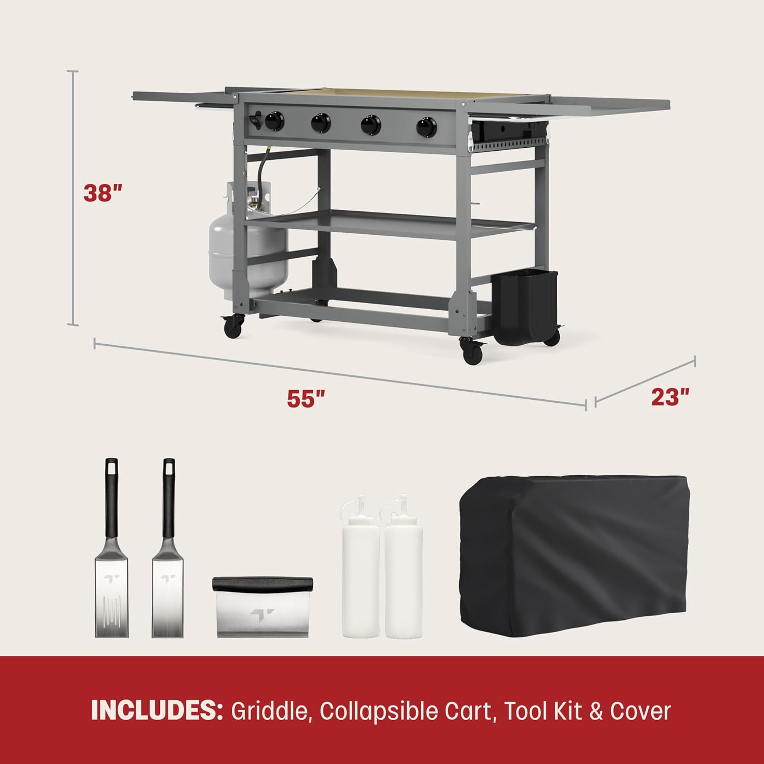 Tytus Fresno 48,000 BTU Flat Top Griddle Grill for Outdoors Includes Key Propane Flattop Grill Accessories: Cover, 2 Spatulas, 2 Bottles & Griddle Scrapper, 4 Burners Evenly Heat Flat Grills