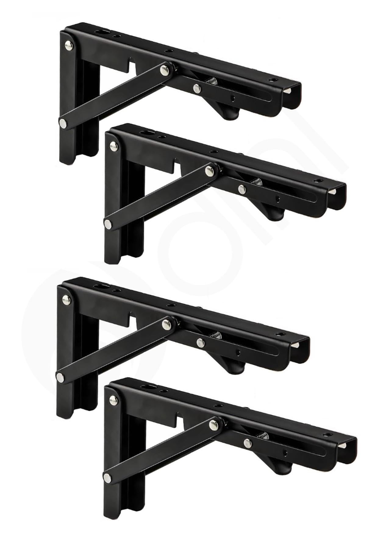 Dihl 4X Folding Shelf Brackets, 16 Inch, Space Saving Heavy Duty Wall Mounted Foldable Shelving Mounts, 16” 40cm, Steel, Black, Load Capacity 80 KG, 2 Pairs