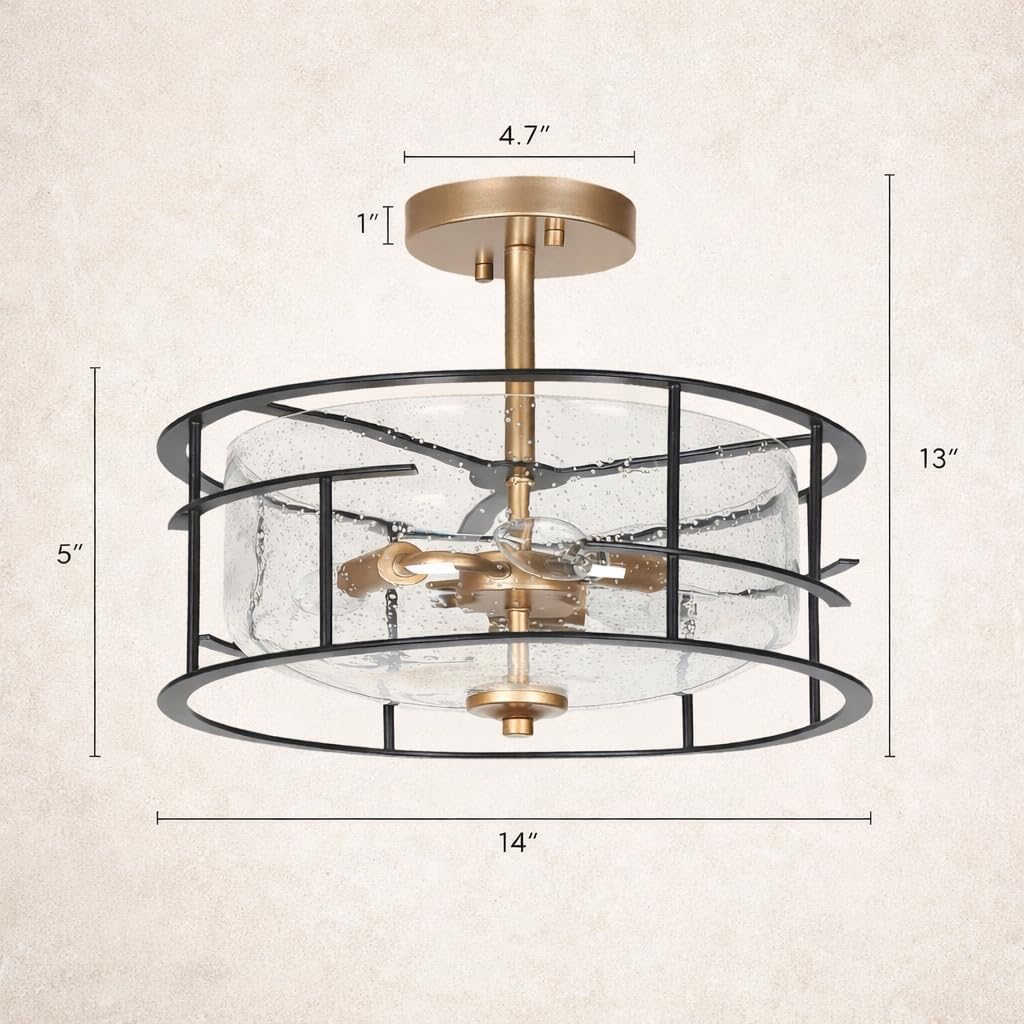 KSANA 3-Light Drum Semi Flush Mount Ceiling Light, Black and Gold Modern Ceiling Light Fixture with Seeded Glass Shade for Kitchen, Bedroom, Hallway