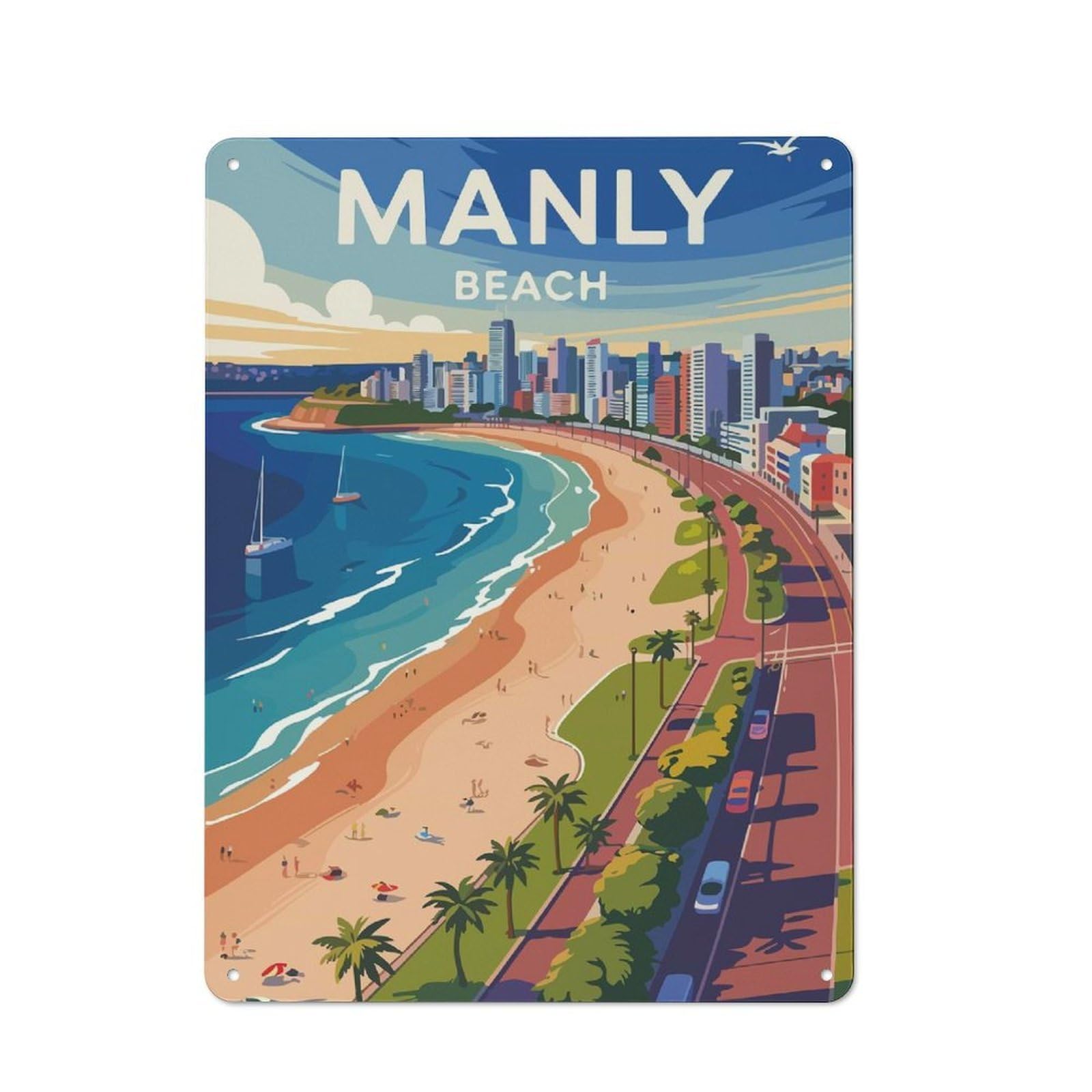Junmoney Manly Beach Cityscape Metal Wall Sign 40X30cm Featuring For Café Or Home Bar, A Winter Wall Decor Update For Hospitality Decor Collectors