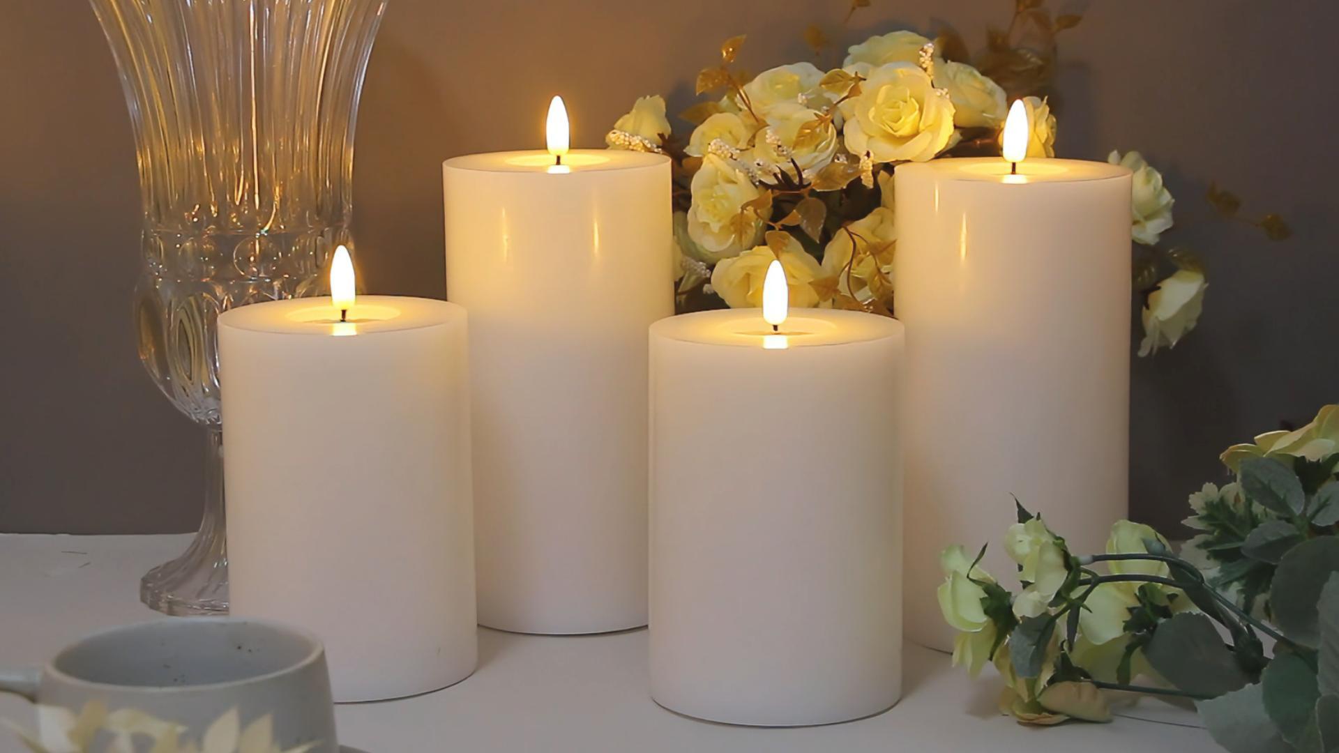 Image of Flameless Flickering 4 inch x6 inch Real Wax White Remote Candles with Candle Grease, Pack of 2 Timer LED Battery Operated Fake Warm Light Pillar Candles for Home, Banquet, Ceremony Decoration