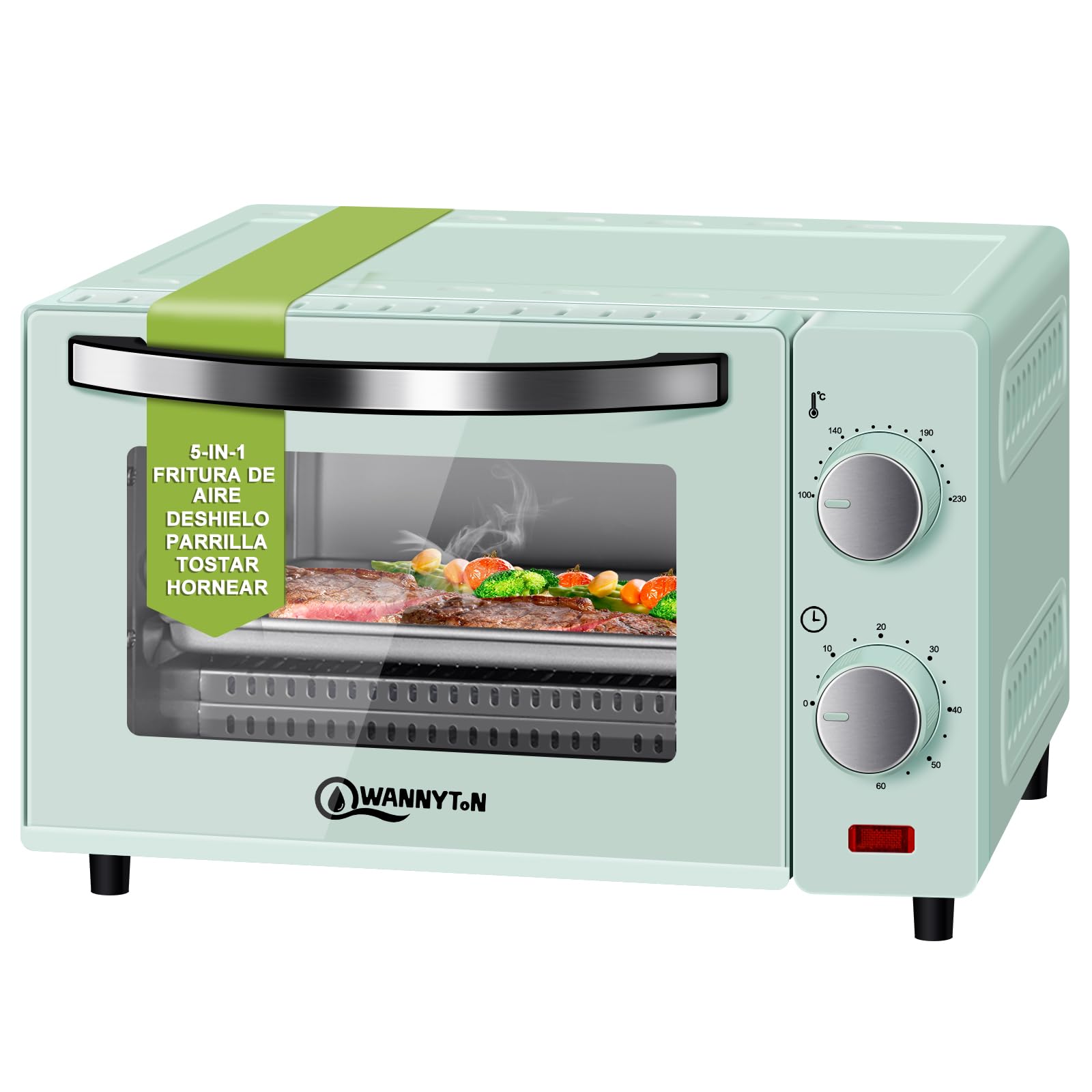 WANNYTON Mini Horno de Sobremesa 10L, 650W, Horno Electrico Tostador con Temporizador Regulable a 60 Min, Temperatura 100-230℃, con Bandeja, Parrilla y Pinzas