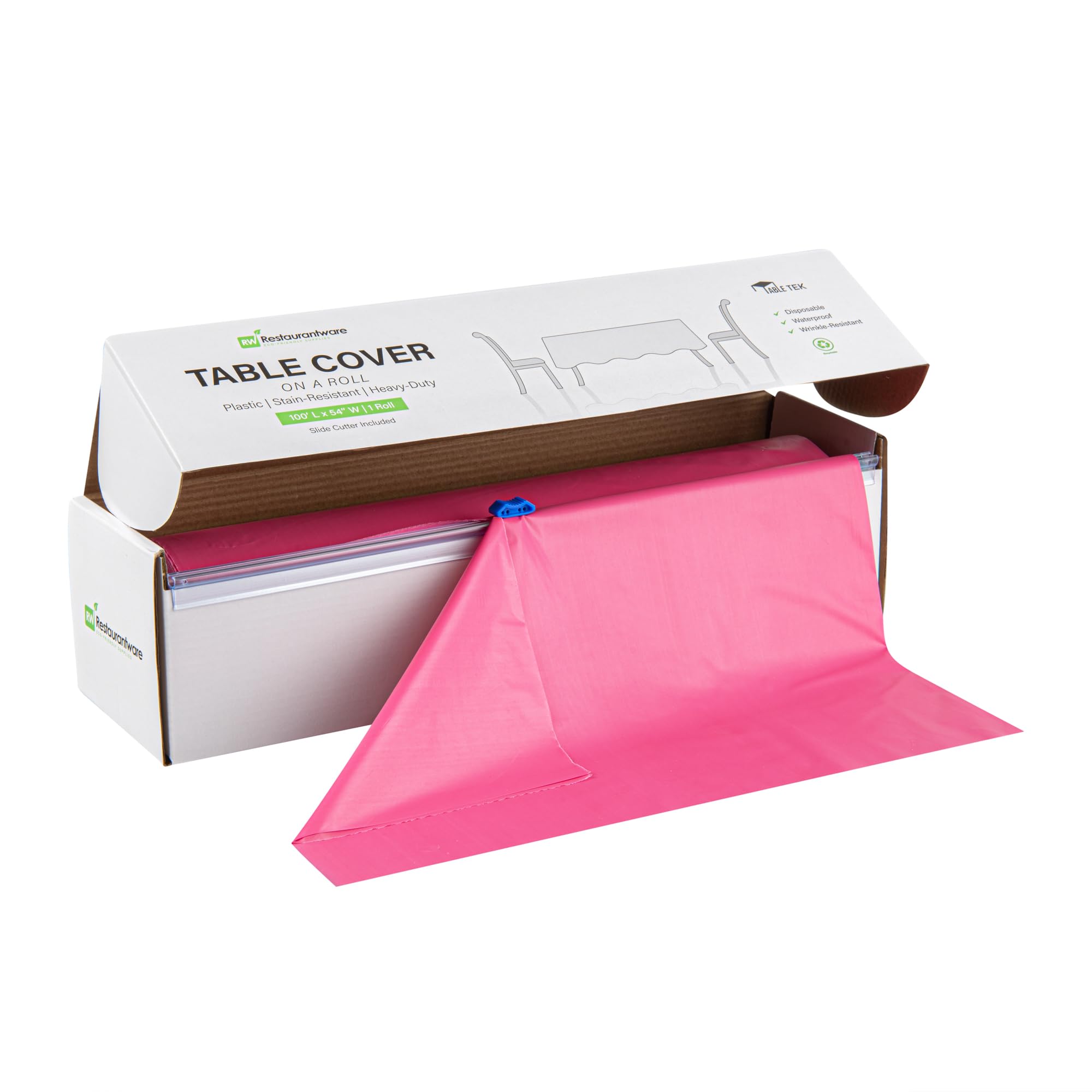 RestaurantwareTable Tek 100' x 54" Party Table Cover Roll, 1 Waterproof Table Cover Roll - Disposable, No-Wrinkle, Pink Plastic Rectangle Table Cover Roll, Slide Cutter, For Parties And Events