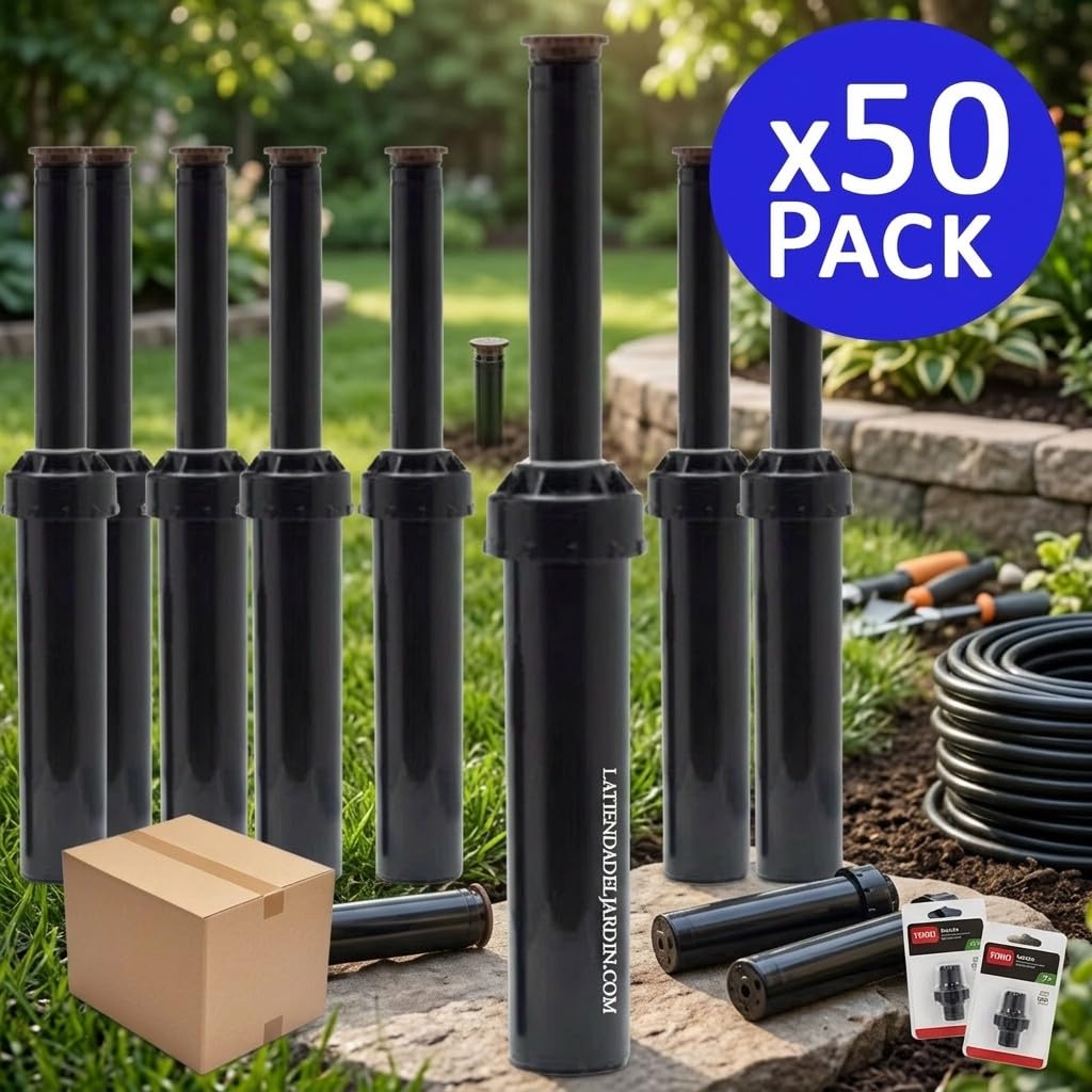 Suinga Pack 50 Difusor de Riego LPS417 | Alcance 5,20 m | Cobertura 0 a 360º | Aspersor con Elevacion 10 cm | Sistema de Riego Eficiente y Uniforme para Jardin y Zonas Verdes