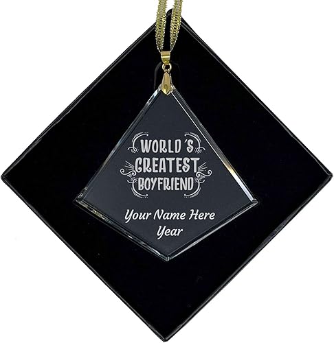 LaserGram Adorno de Navidad de vidrio personalizado, el mejor novio del mundo, idea de regalo grabada con láser personalizada (forma de diamante)