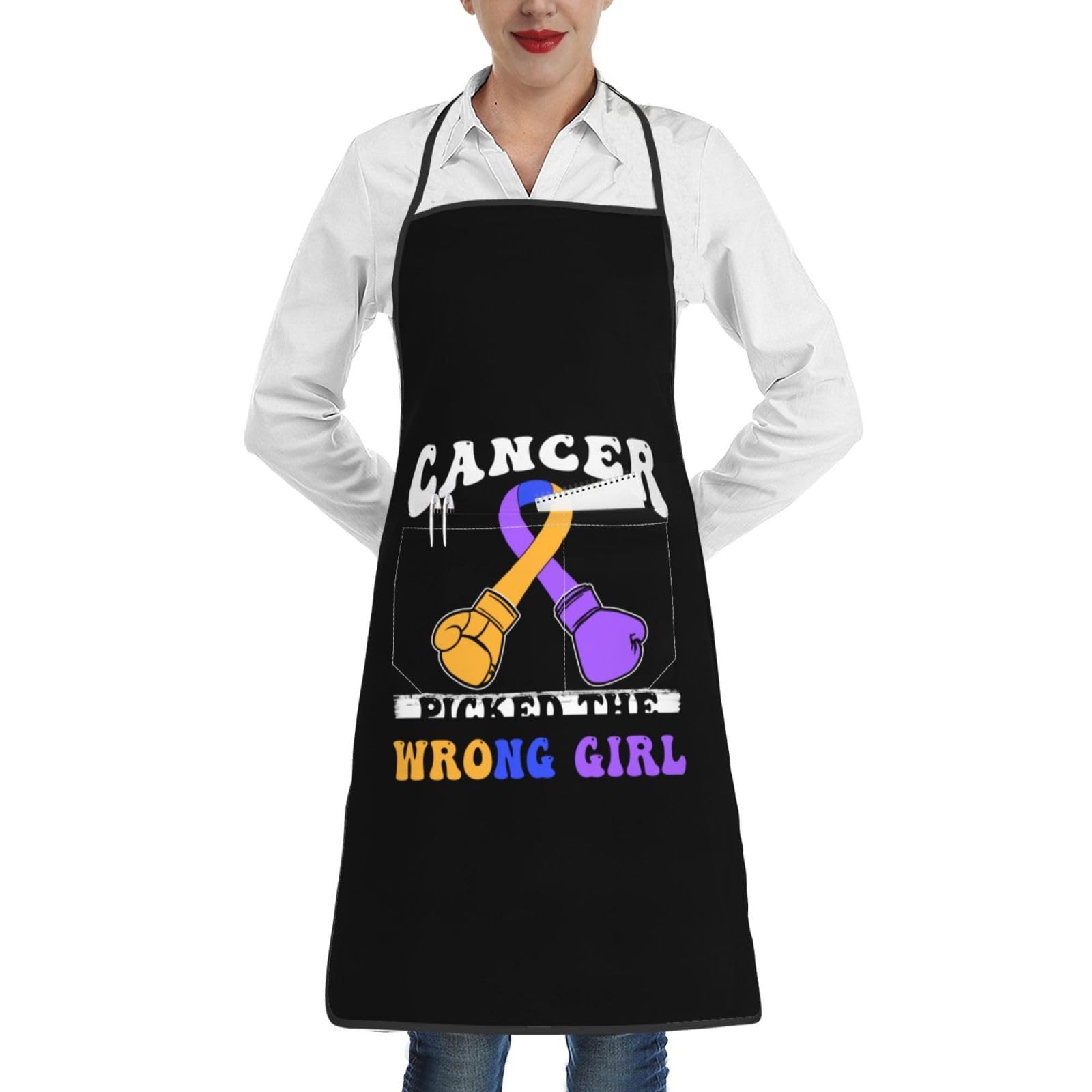 nopicsn Cancer Picked The Wrong Girl Bladder Cancer Apron for cooking with Pockets Women Men Kitchen Chef Funny Aprons