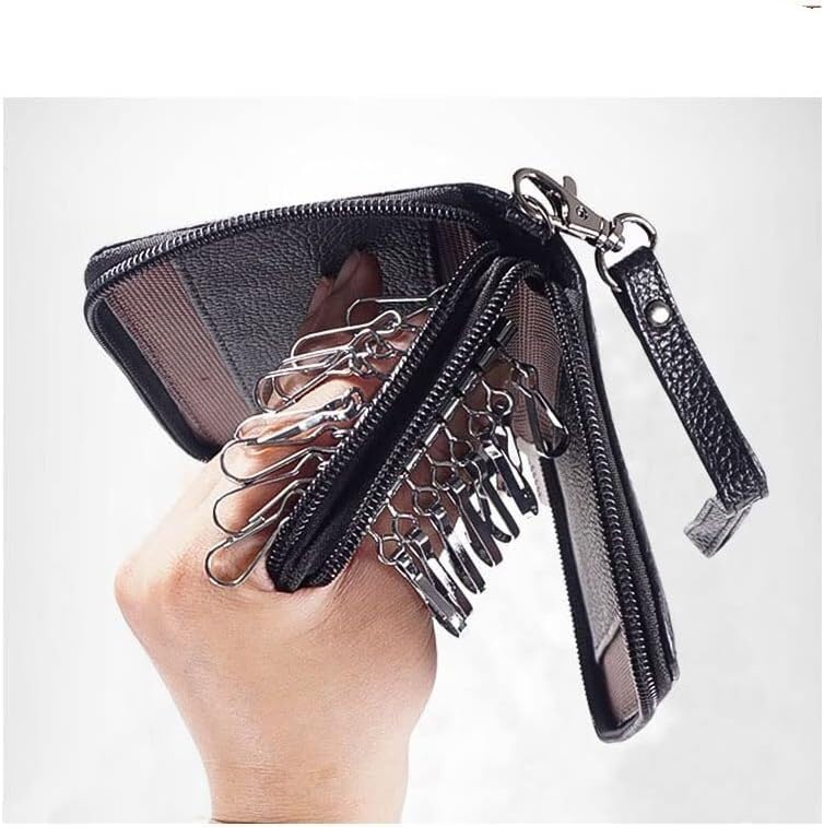 Borsa Portachiavi in Pelle, Porta Monete, Porta Carte, Doppio Strato, Doppia Cerniera, per Uomo e Donna, Grande capacità