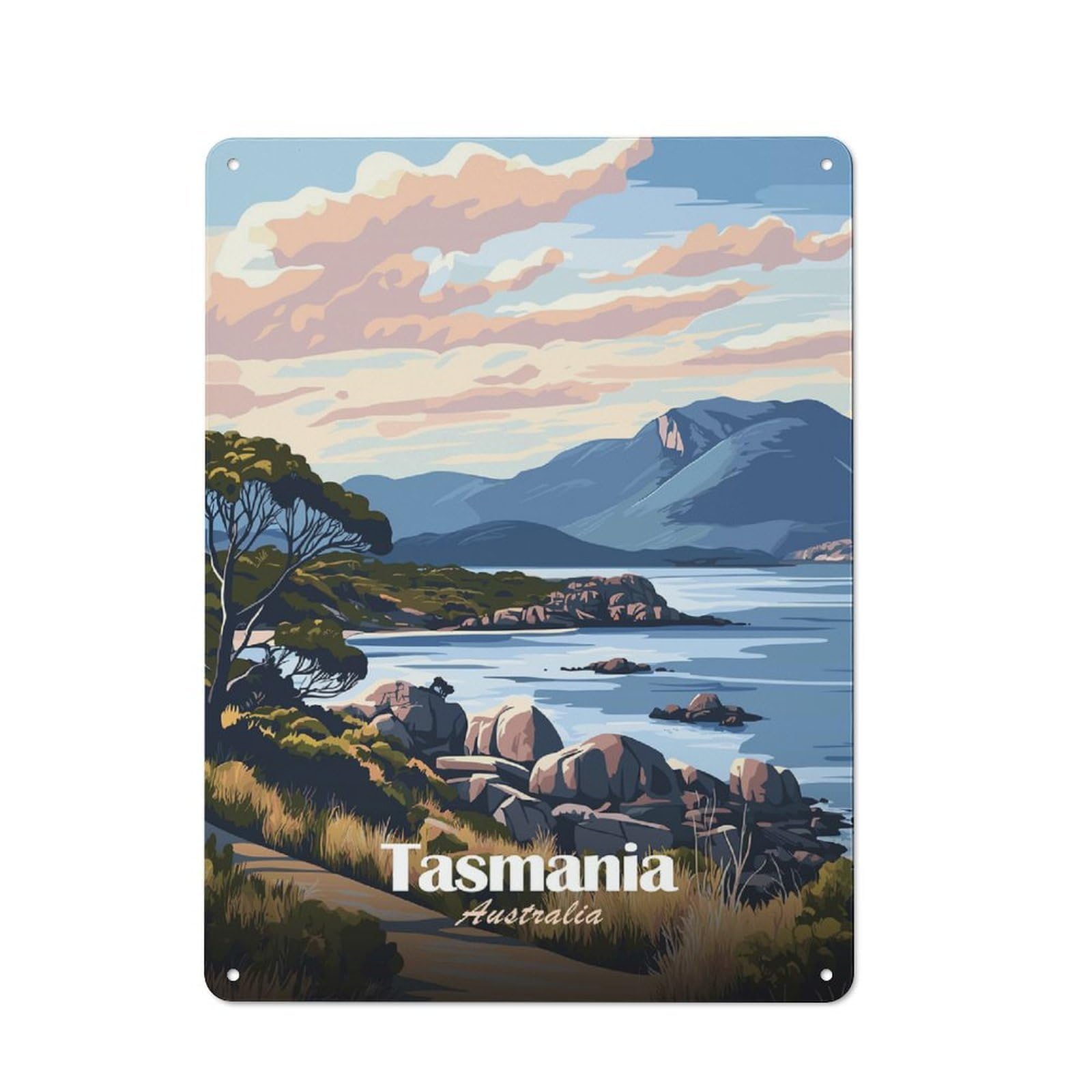 Junmoney Style-16 Rustic Tin Sign 40X30cm Featuring Tasmania Coastline For Living Room Wall, For Room Styling Across Living Rooms And Feature Walls