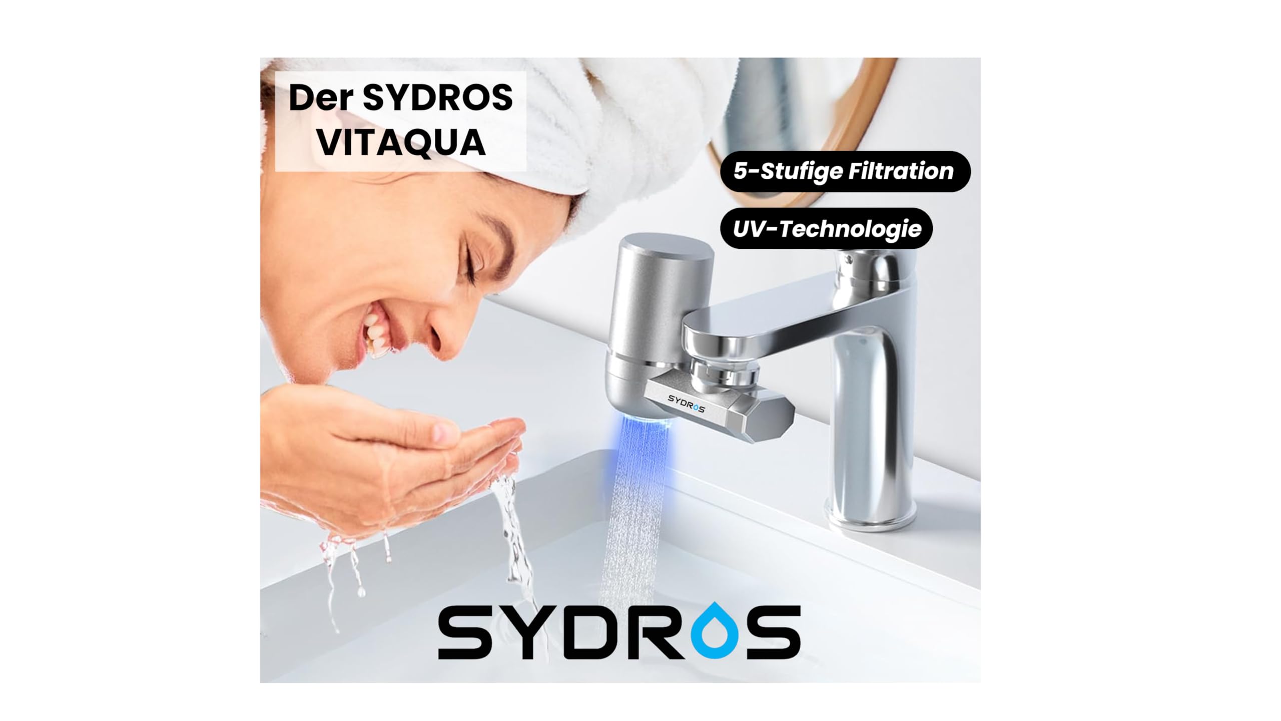 SYDROS VITAQUA - Filtro per rubinetto, a 5 livelli, con modulo di luce UV, riduce il cloro, i sedimenti e gli odori, universale, facile montaggio, ideale per cucina, bagno, viaggi