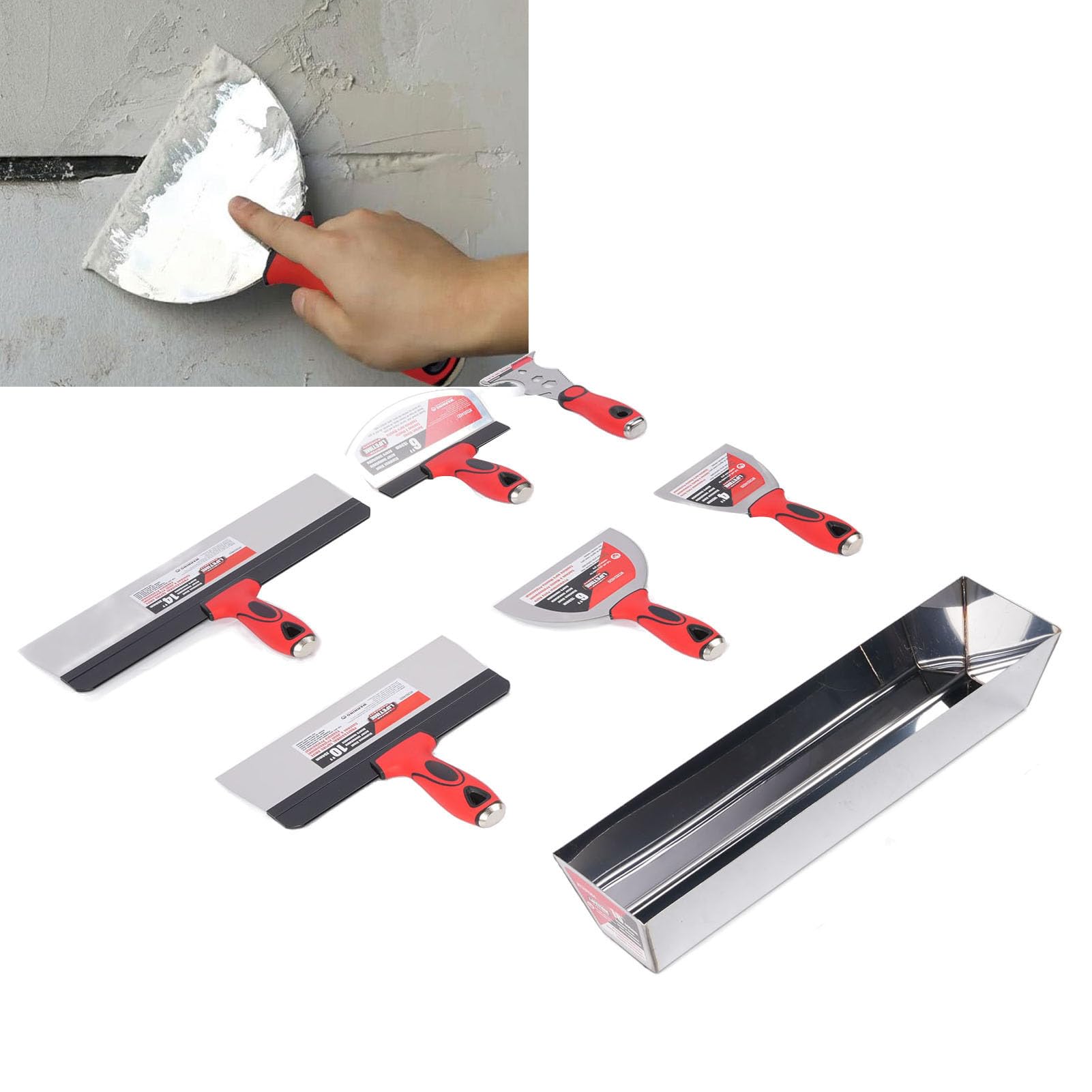 Kit de Herramientas Manuales para Paneles de Yeso con Bandeja de Barro de 16 Pulgadas, Herramientas de Cinta de Masilla de Acero Inoxidable para Reparación de Paredes, Acabado