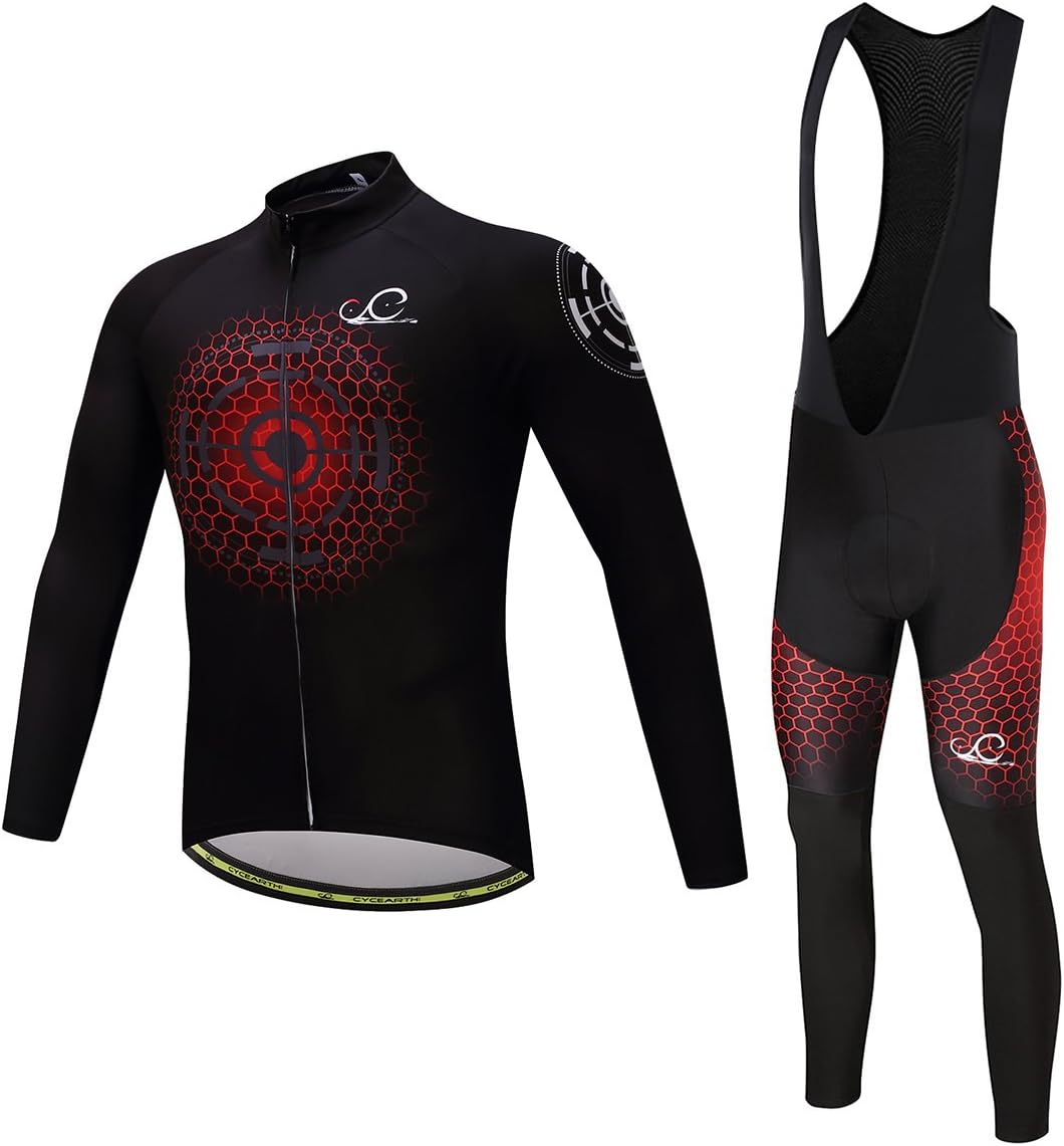 CycearthCycling Jersey Long Sleeve Set Men Winter Fleece Thermal Jackets Black Bib Pant