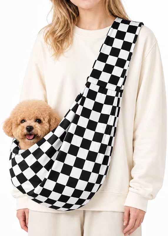 Dog Sling Carrier for Small Dogs and Cats 5–16 lbs, Puppy Carrier Sling with Safety Hook and Storage Pocket, Hands Free Pet Carrier Purse for Travel, Walking, Shopping (Ebony Check)