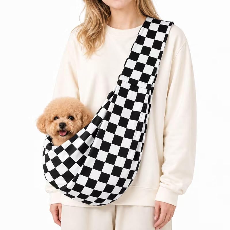 Bolsa Sling para Cães Pequenos e Gatos com Gancho de Segurança e Bolso, AXEARTE, Ebony Check, 1 Unidade