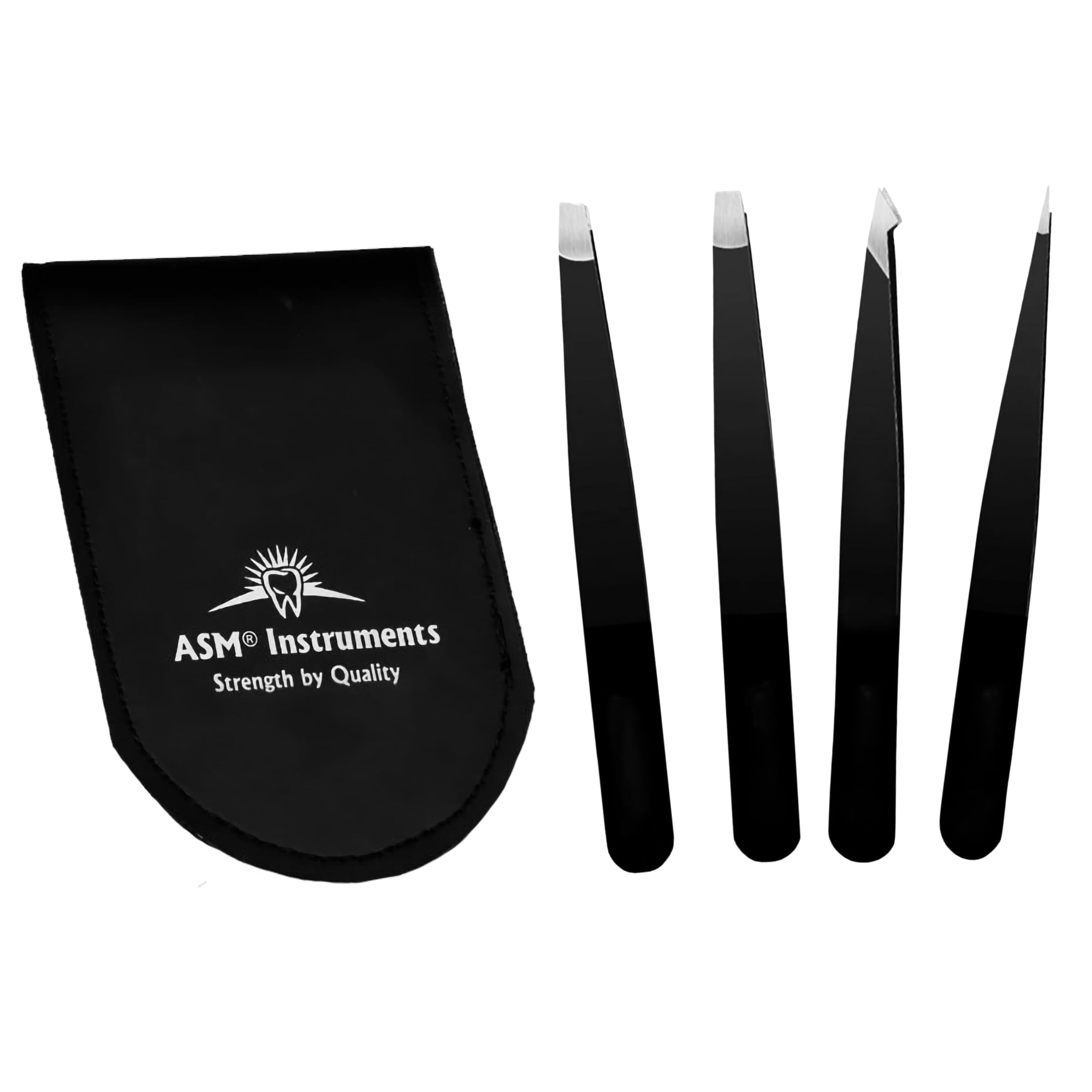 Asm Instruments Women's Black Asm® Professional Tweezers Set Eyebrow Tweezers - Heavy Duty Stainless Steel Tweezer For Ingrown Hair & Head Removal - Eyebrows Plucking Gifts For & Men (4 Pieces With Pouch)