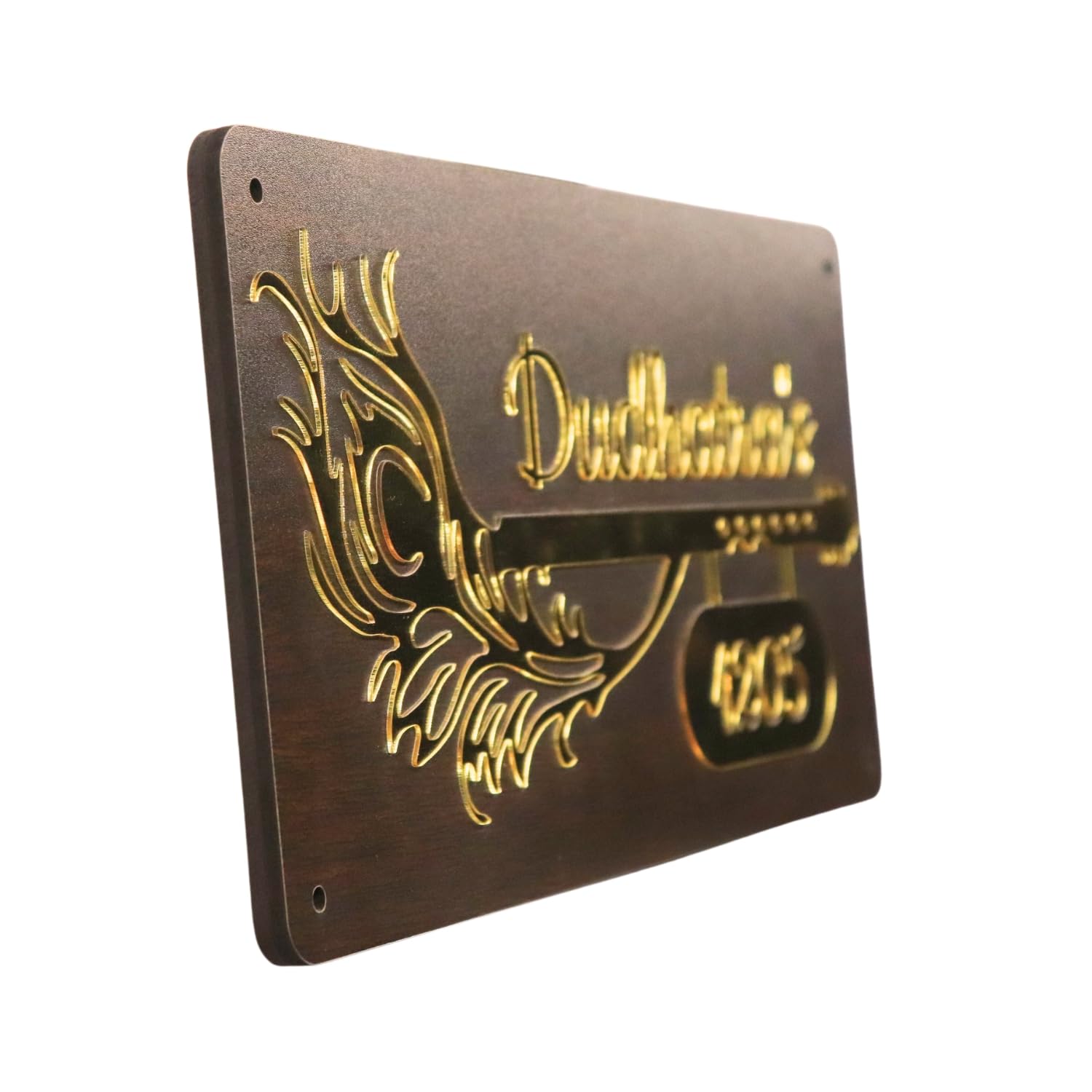 Personalised Home Door Name Plate Acrylic Embossed Letters With Mirror Shine Wood Craft Golden Acrylic Morpankh With Flute Customized Home Name Plate (Gold, 16 * 8) — Amazon image 9