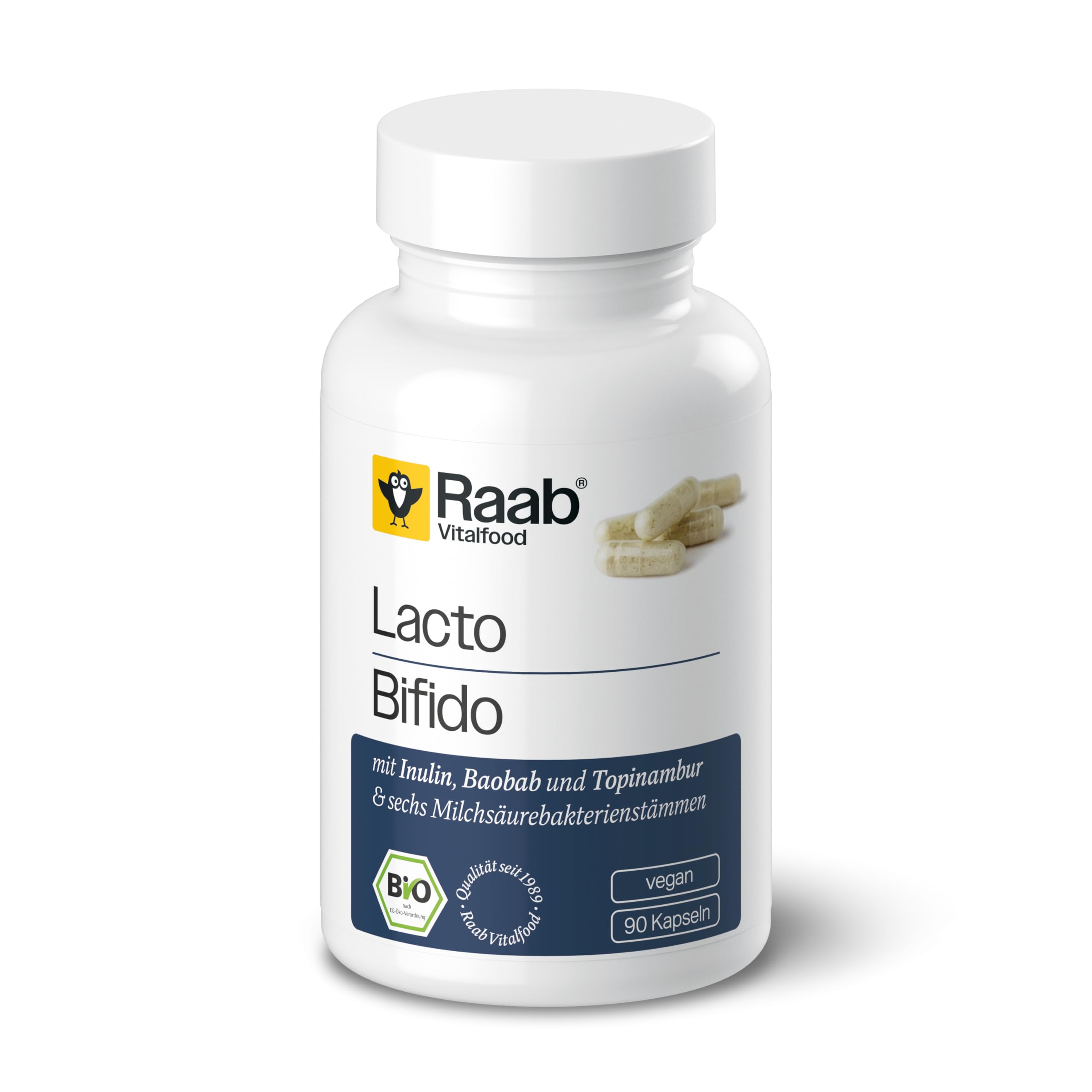 Raab Vitalfood Bio Lacto Bifido Kapseln (90 Stück) - mit 6 ausgewählten Milchsäurebakterienstämmen, Lactobacillus- und Bifidobakterien, Vegan, Bio