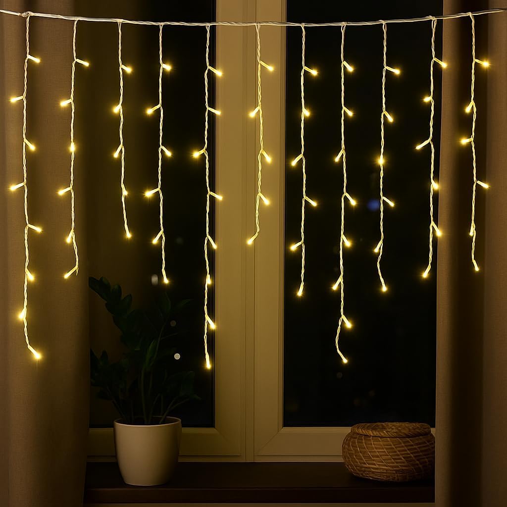 Elektronova Zasłona świetlna, 216 diod LED, 5 m, żółte światło, biały kabel, IP65, przedłużany, efekt błysku, z przewodami o zmiennej długości (3 do 12 cm) dla dynamicznego efektu