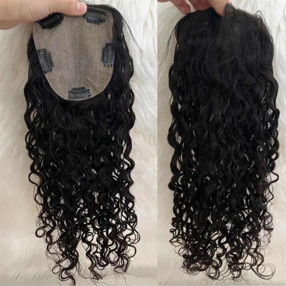 Topper for capelli umani ricci e ondulati lunghi 8-22" 150 densità vergini europei neri naturali 15x16 cm base in seta clip in parrucche(12 inches)