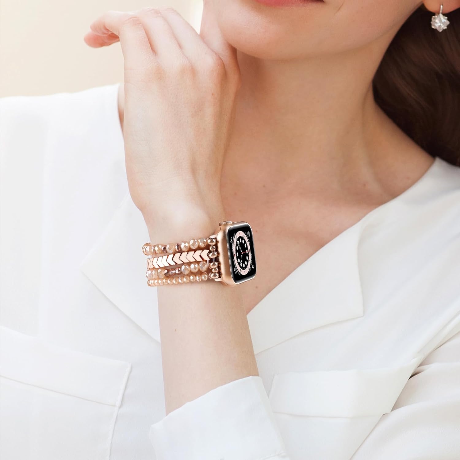 MOFREE Beaded Bracelet Compatible with Apple Watch Band Series 11/10/9/8/7, Fashion Stretch Women Bands for iWatch Series SE/6/5/4/3/2/1 iPhone Watch Strap Bands 42/44/45/49/46mm (Rose Gold/Yellowish) - Image 6