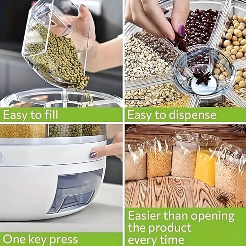 Rotating Grain Storage Bin 6 Grids Rice Container One-Click Output Large Capacity Food Dispenser For Rice Grains Sealed Moisture Proof Organizer (Small) - Image 6