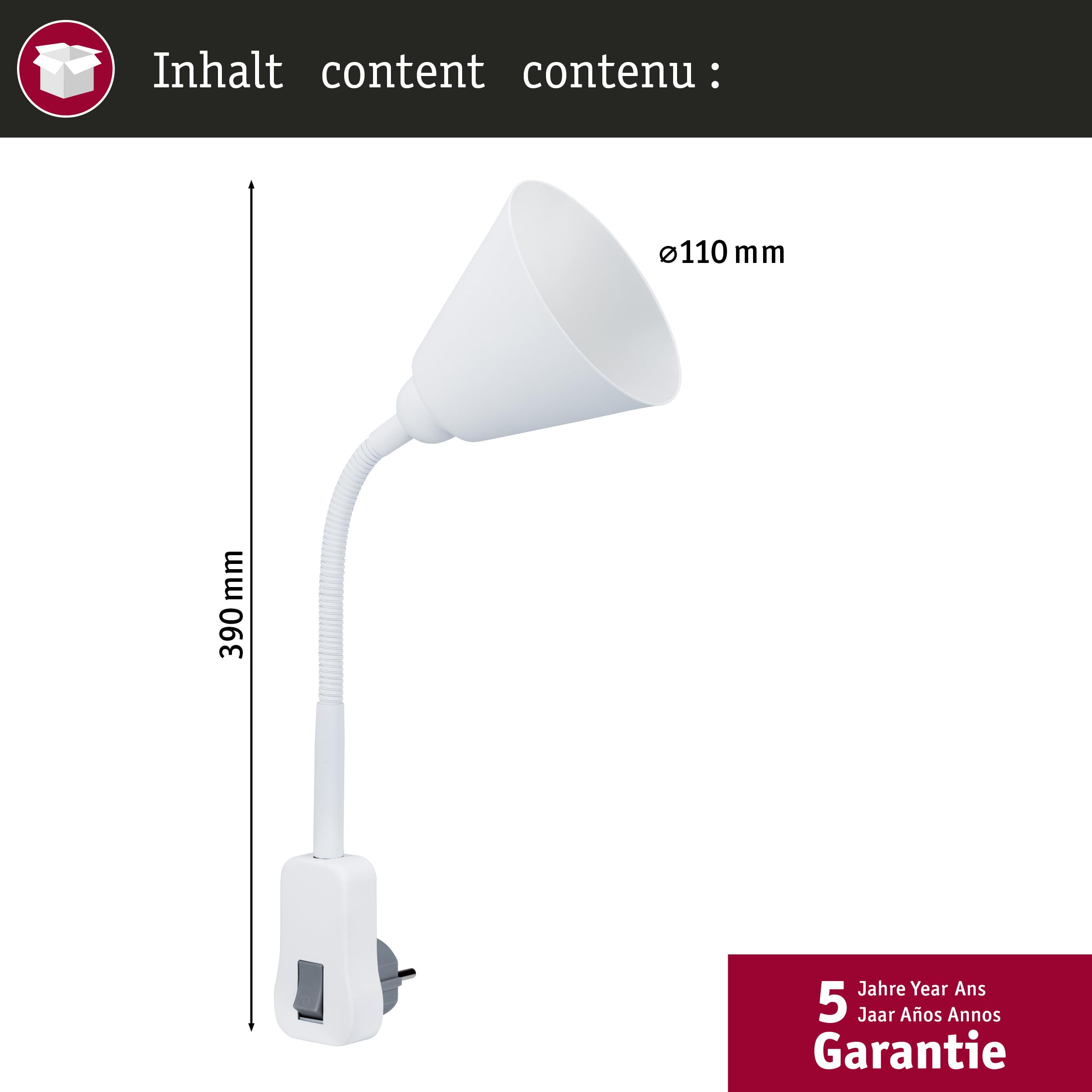 Paulmann 95428 Lampada da presa Junus con braccio flessibile max. 20 Watt lampada bianco metallo, plastica luce E14