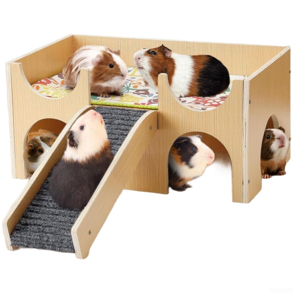 Wooden Small Animal Hideout with Stairs, Guinea Pig Hamster House for cave, Natural Wood Construction for Chinchillas Rabbits, Garden Yard Wildlife Accessory