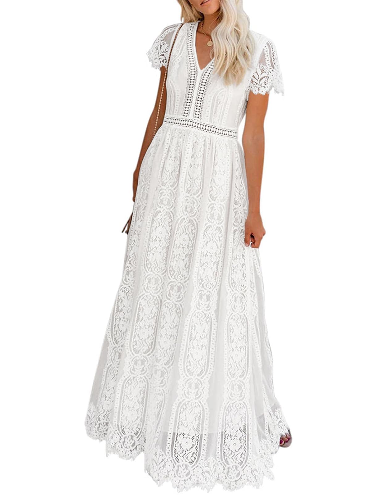 Photo 1 of MEROKEETY Women's 2026 V Neck Short Sleeve Floral Lace Wedding Dress A Line Boho Bridesmaid Cocktail Party Maxi Dress, White, Large