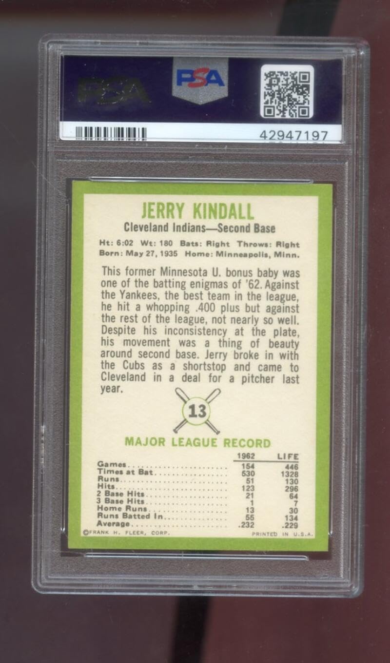1963 Fleer #13 Jerry Kindall PSA 9 Graded Baseball Card MLB Cleveland Indians