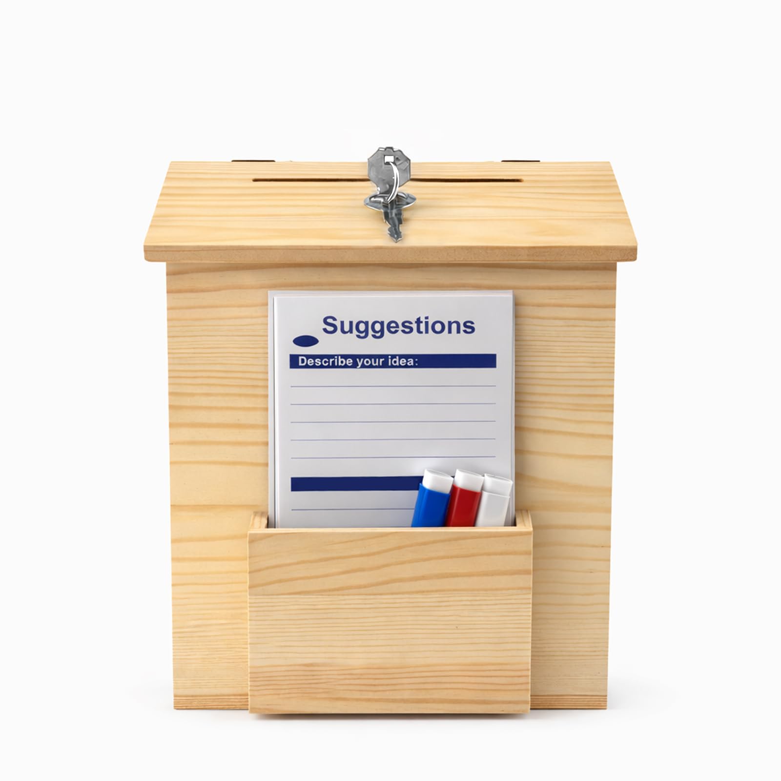 Dyserbuy Suggestion Box Wooden, Suggestion Box Lockable with 3 Pens, 50 Suggestion Cards and 2 Keys, Donation Boxes for Charity, Supermarkets Schools Hospitals Communities and Homes 8.6" x 6.8" x 10"