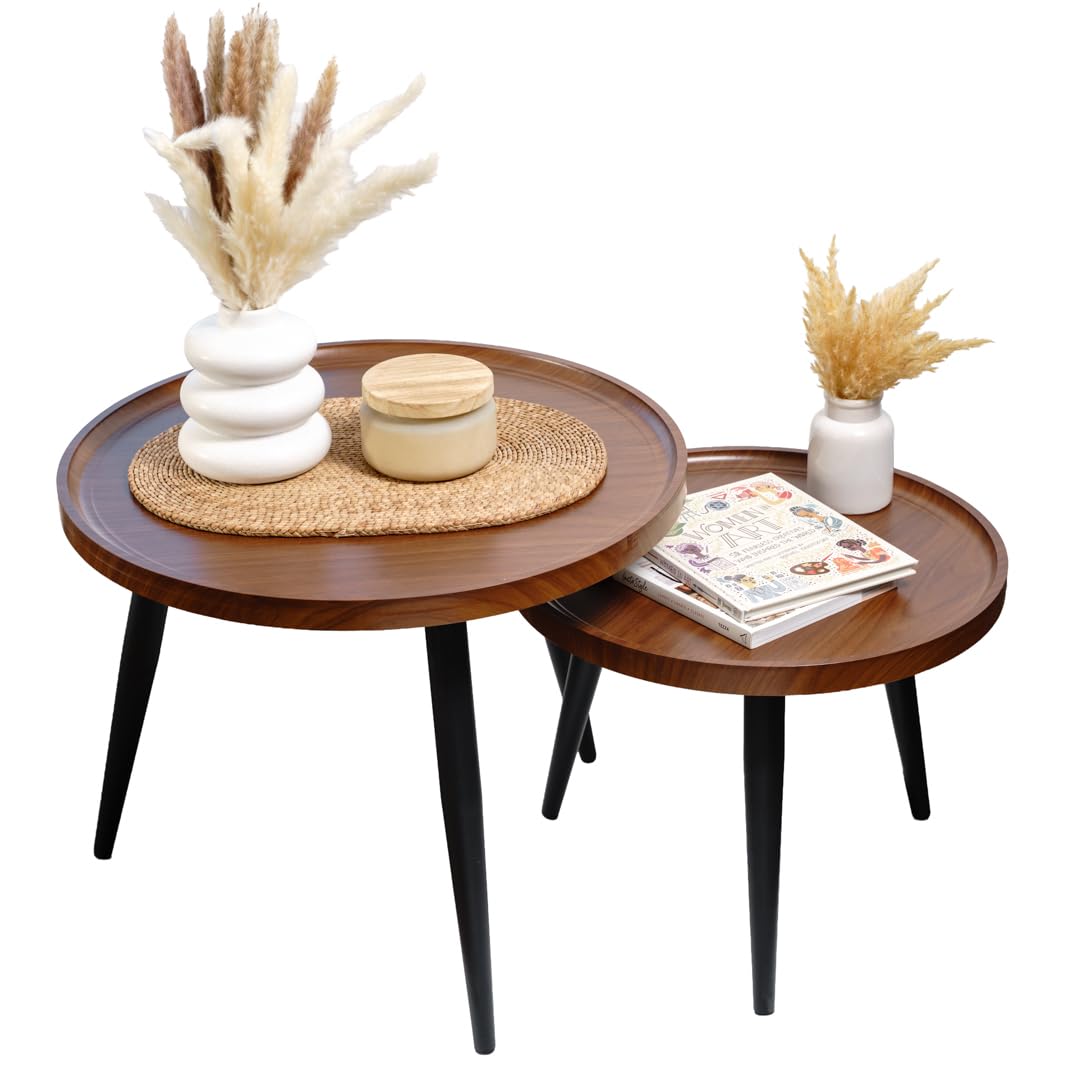 Westburry Round Coffee Table Set - 2-Piece Wood and Metal Living Room Center Tables - Modern Industrial Home Furniture, Open Frame Design