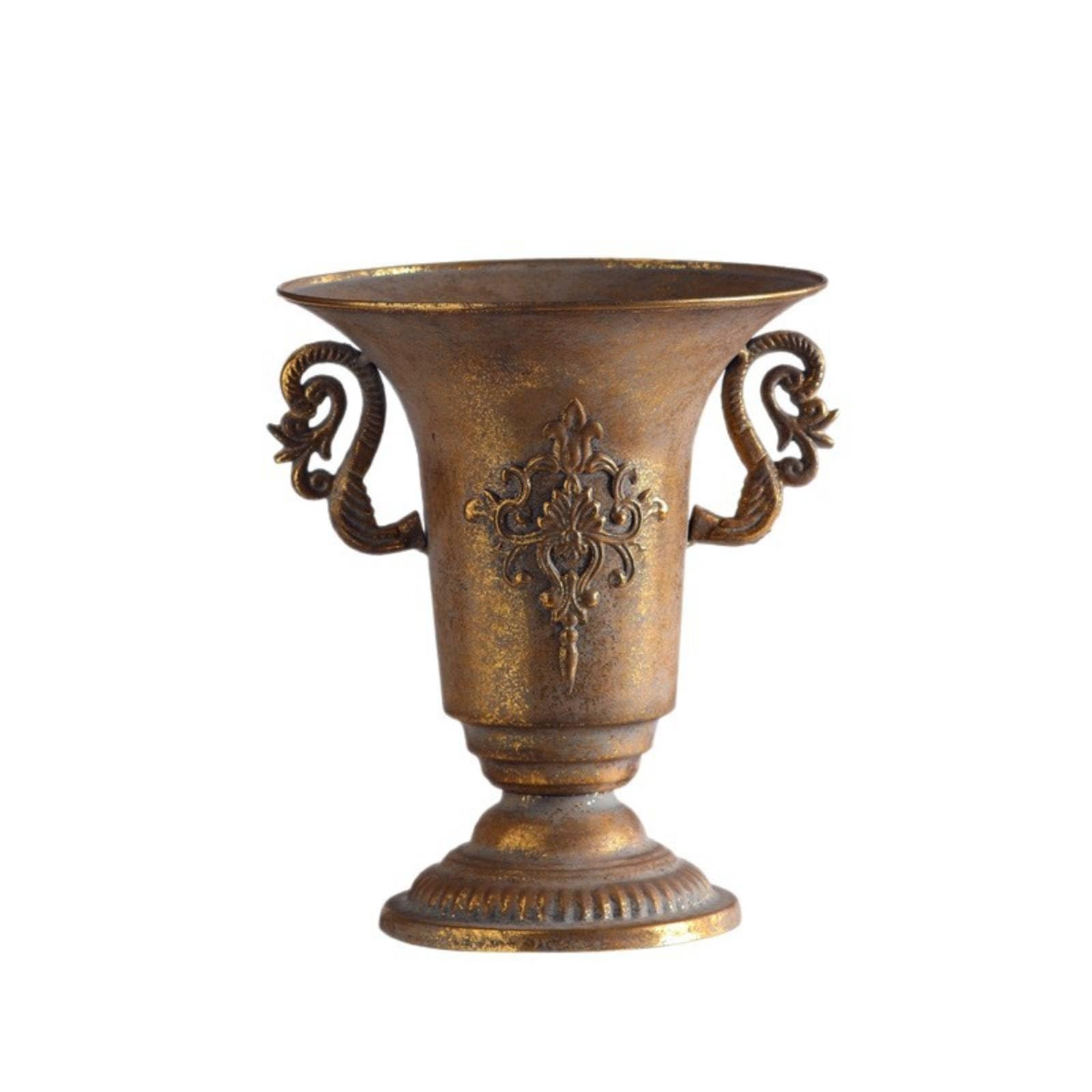 Vaso in Metallo Manici Retrò | Finitura Oro Invecchiato, Antico, Centrotavola, per Matrimonio, Organizzatori di Matrimoni, Fioristi