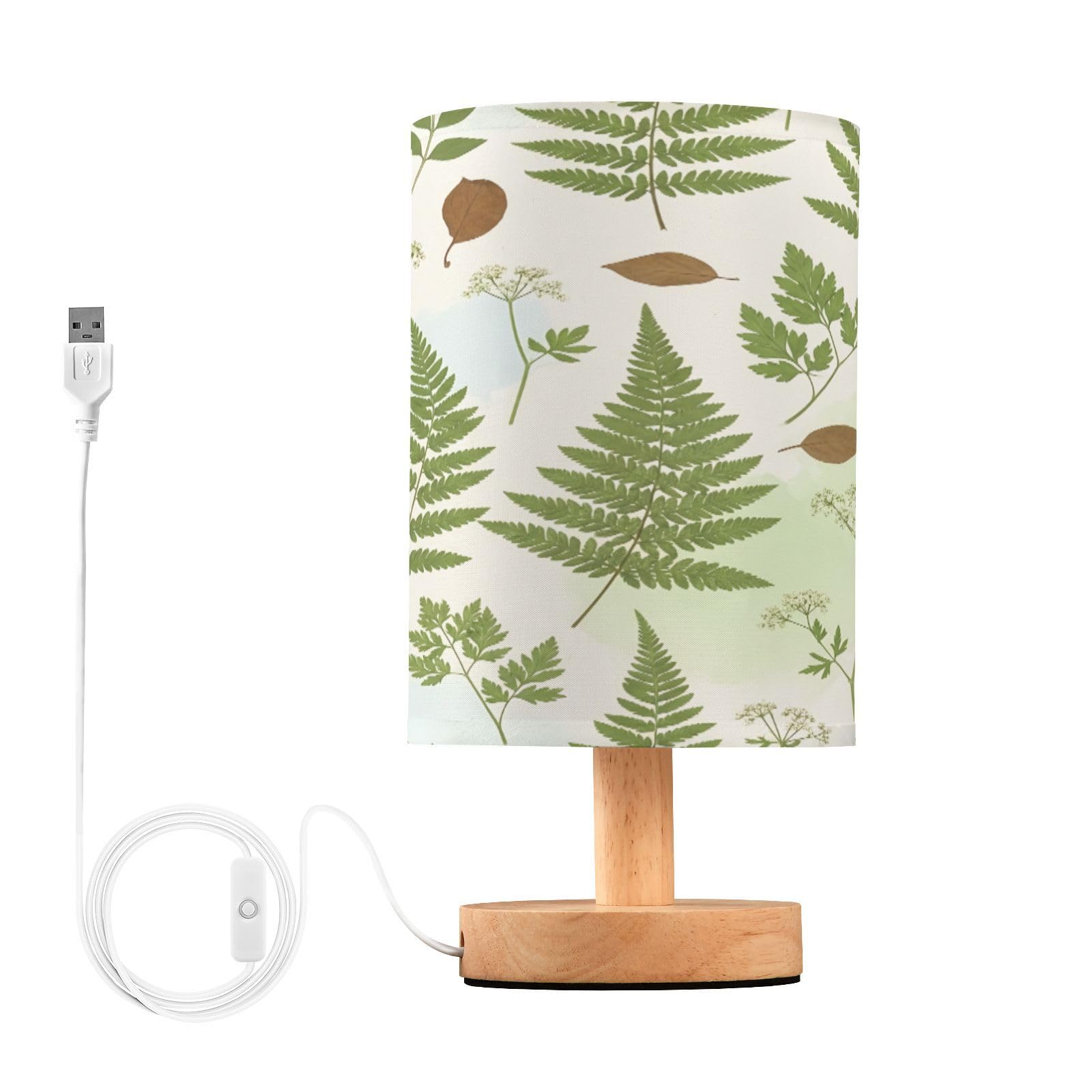 Cgiub Watercolor Plant Bedside Table Lamp for Bedroom LED Nightstand Lamp with Wood Base & USB Port Linen Shade Desk Light for Nursery Decor