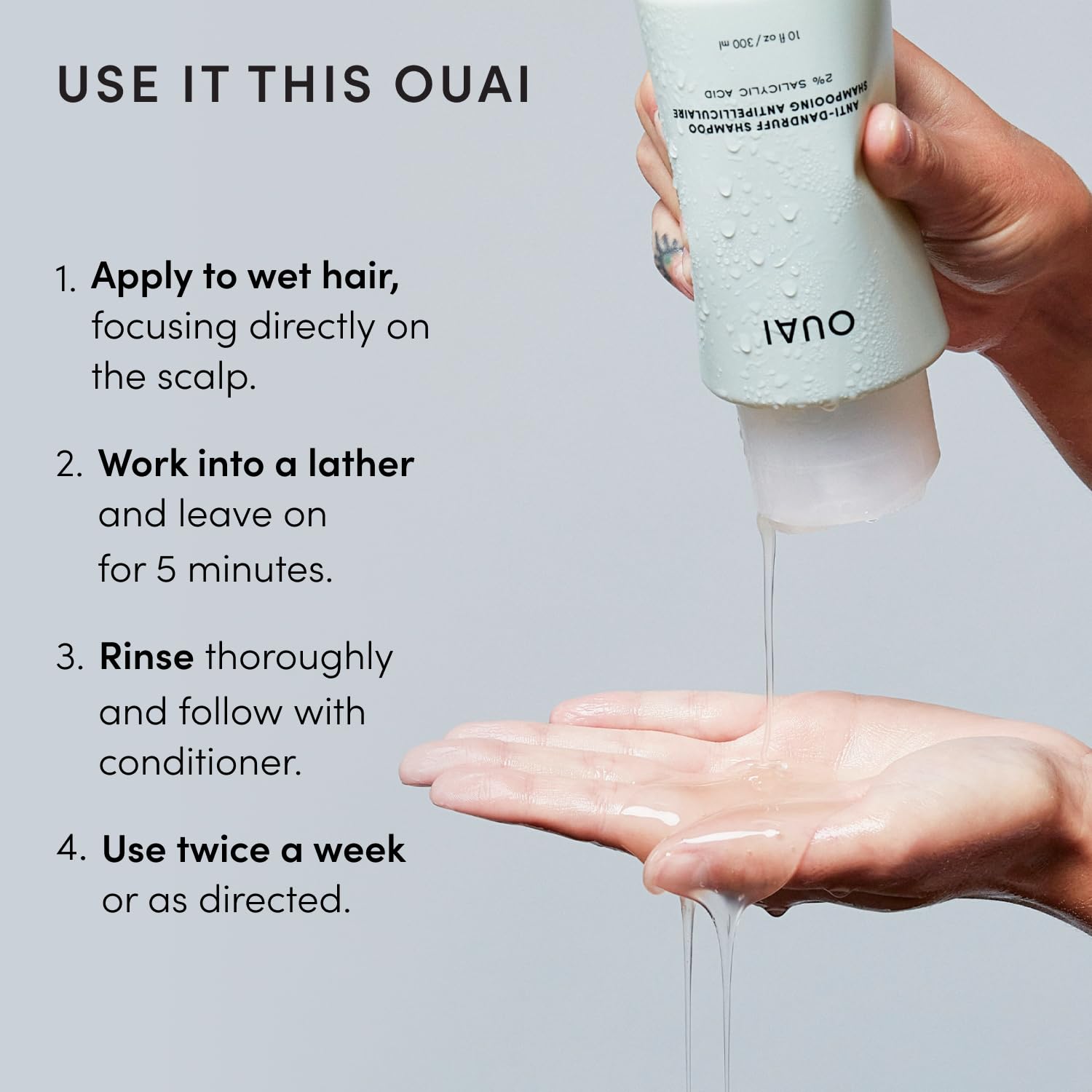 OUAI Shampooing antipelliculaire – Shampooing apaisant à l'acide salicylique pour cuir chevelu squameux, sec et démangeaisons – Réduit les démangeaisons, les rougeurs et les irritations – Soin du cuir