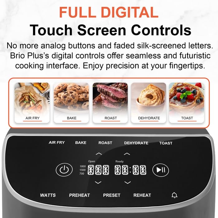 Nuwave 8QT Brio Air Fryer Plus Cool Gray, Digital LED Touch Screen with Cool White Display, 50°F~400°F in Precise 5°, 3 Wattage Alternatives, 5 Cook Functions, 50 Memory, PFAS Free, New & Improved