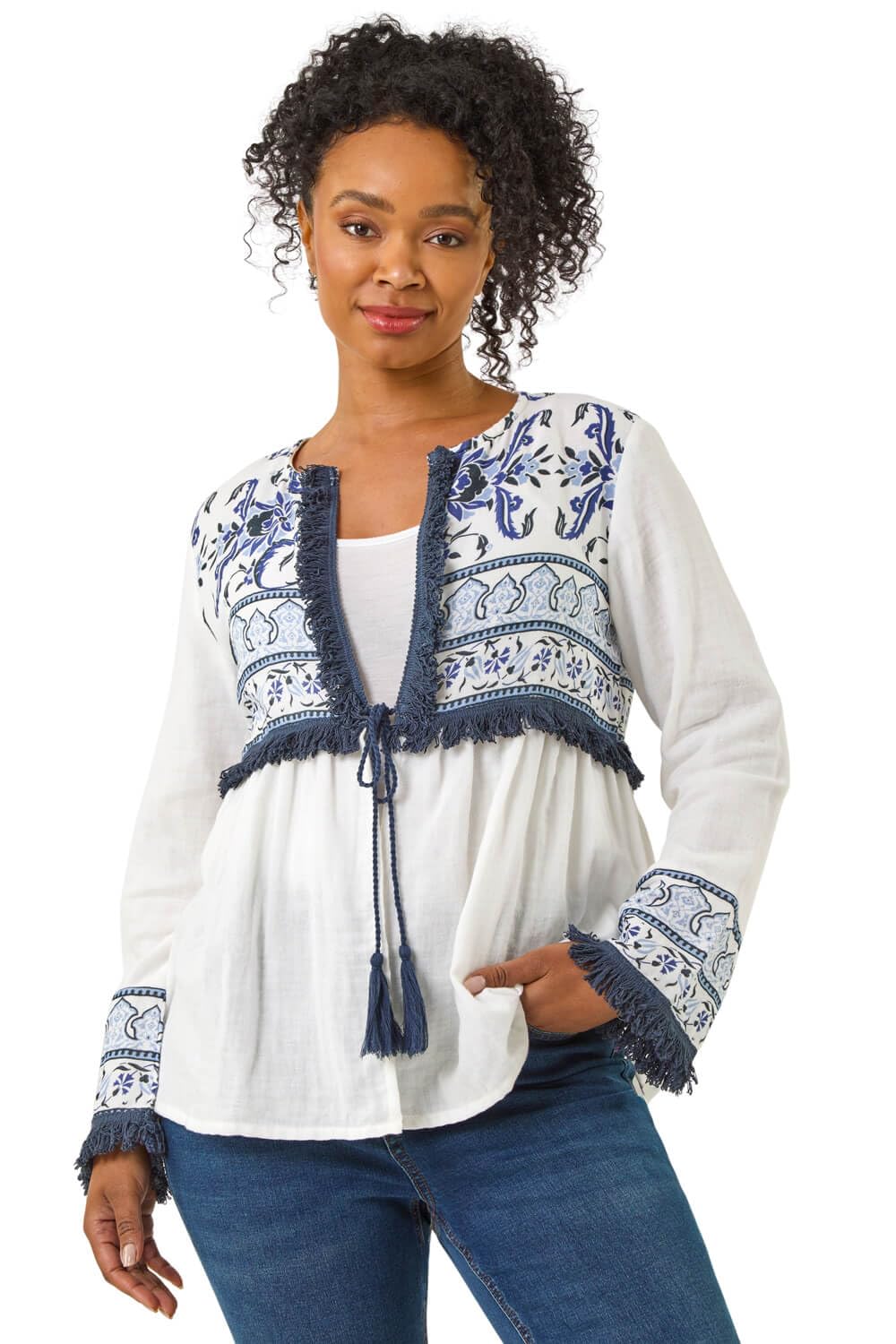 Roman Women's White Petite Tassel Detail Jacket In Size 14