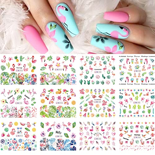 Flamingo Nail Stickers Flower Water Transfer Nail Art Decals Pink Bird Flower Fruit Leaf Nail Design For Women Girls Favors Nail Decoration Spring Nail Accessories Nail Supplies For Acrylic Nails #TOP6