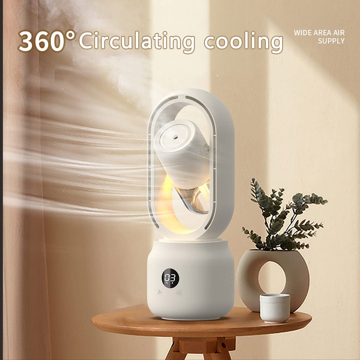 Ventilador sin aspas oscilante silencioso 3 en 1, ventilador de torre con tanque de agua, ventilador de mesa silencioso personal con luz nocturna pequeña, con pilas de 4000 mAh, regalos de verano ( Co