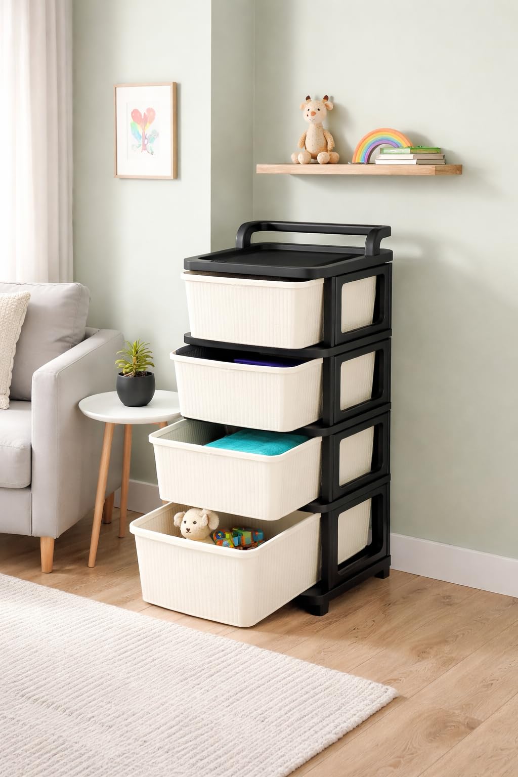 KITCHIVO™ Heavy Duty Plastic Storage Drawer with Wheels | Modular Cabinet for Bedroom, Office, Home or Classroom| Chest of Drawers Organiser for Cosmetics, Kitchen items, Toys (Black & Ivory, 4) discount deal